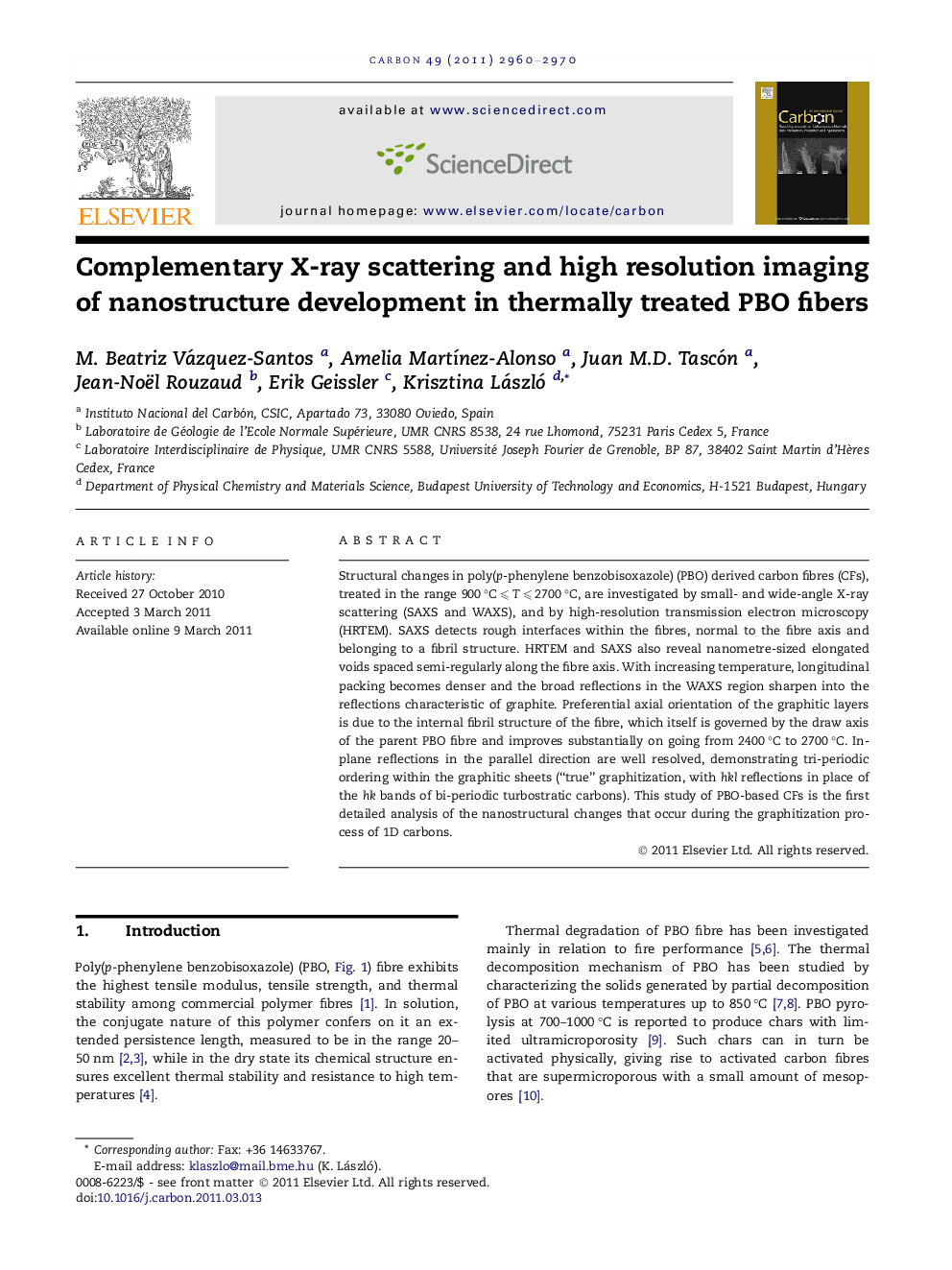 عکس صفحه اول مقاله: Complementary X-ray scattering and high resolution imaging of nanostructure development in thermally treated PBO fibers Complementary X-ray scattering and high resolution imaging of nanostructure development in thermally treated PBO fibers