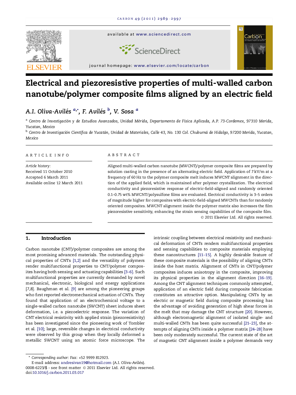 عکس صفحه اول مقاله: Electrical and piezoresistive properties of multi-walled carbon nanotube/polymer composite films aligned by an electric field Electrical and piezoresistive properties of multi-walled carbon nanotube/polymer composite films aligned by an electric field