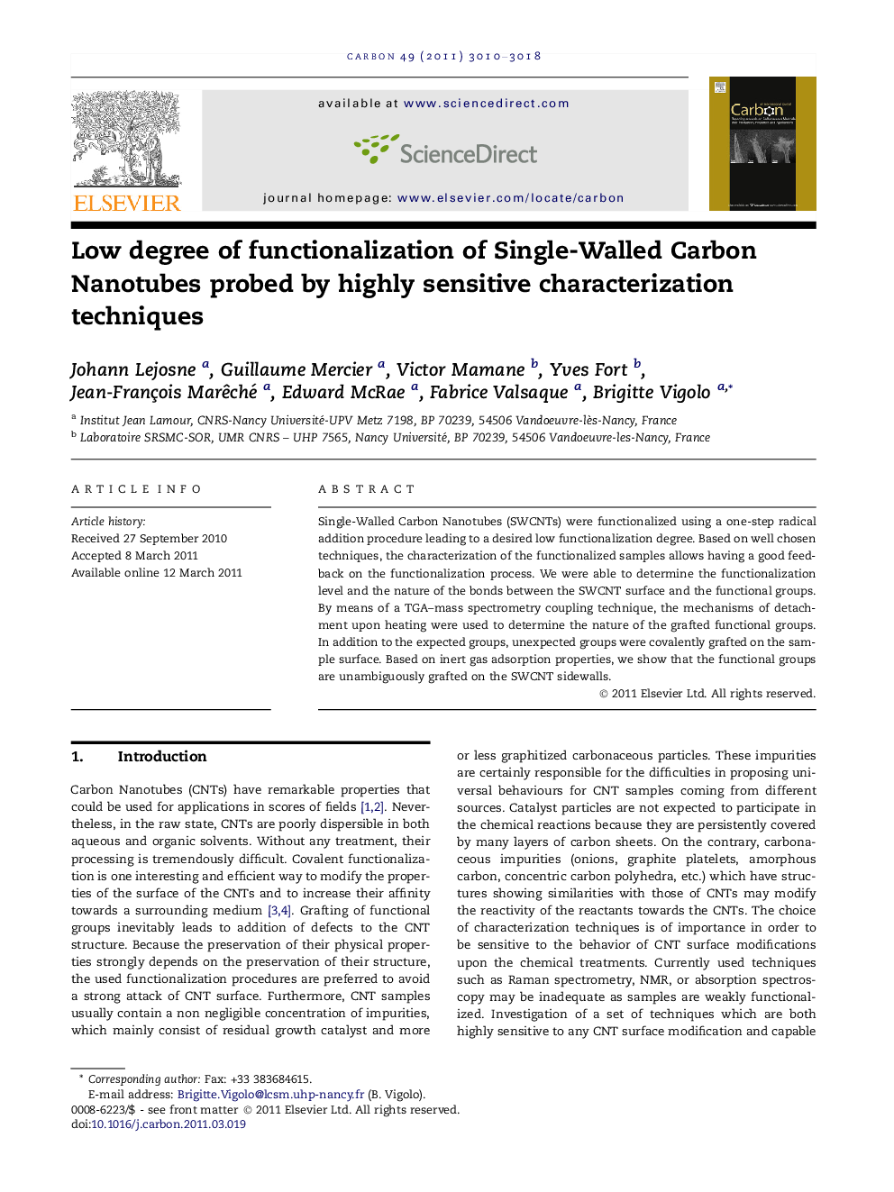 عکس صفحه اول مقاله: Low degree of functionalization of Single-Walled Carbon Nanotubes probed by highly sensitive characterization techniques Low degree of functionalization of Single-Walled Carbon Nanotubes probed by highly sensitive characterization techniques