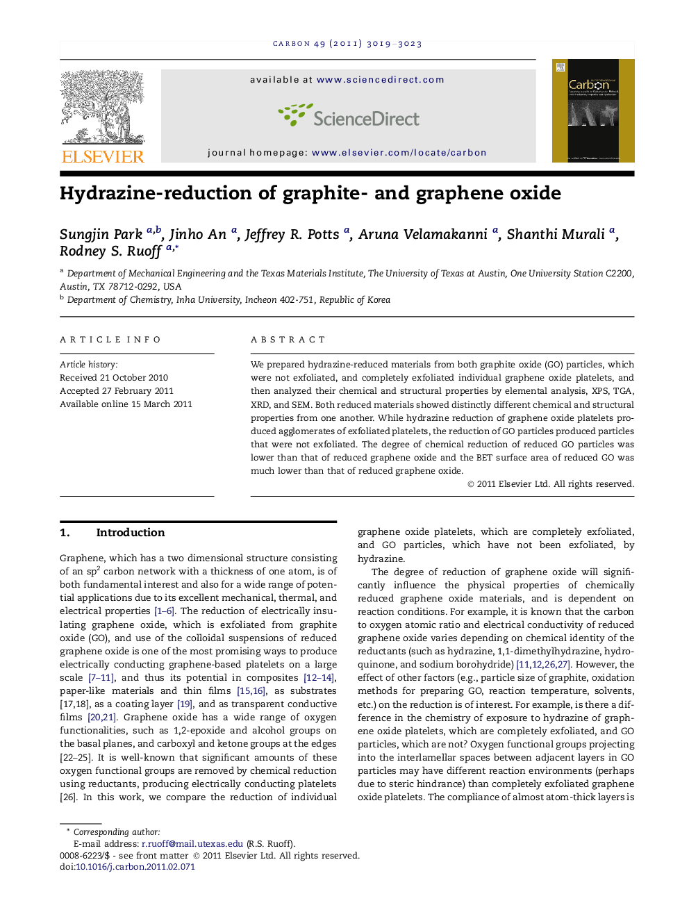 عکس صفحه اول مقاله: Hydrazine-reduction of graphite- and graphene oxide Hydrazine-reduction of graphite- and graphene oxide