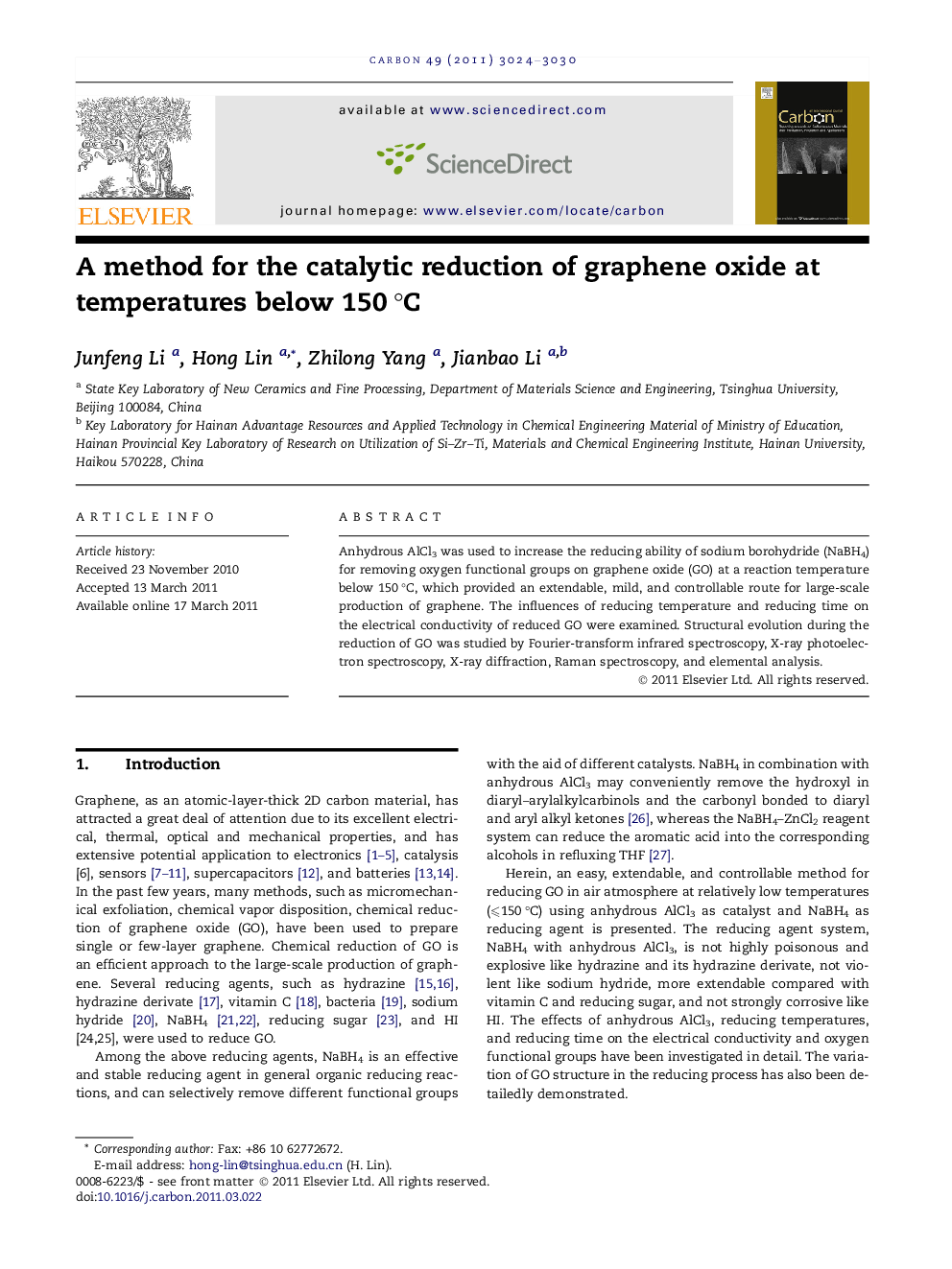 عکس صفحه اول مقاله: A method for the catalytic reduction of graphene oxide at temperatures below 150 °C A method for the catalytic reduction of graphene oxide at temperatures below 150 °C
