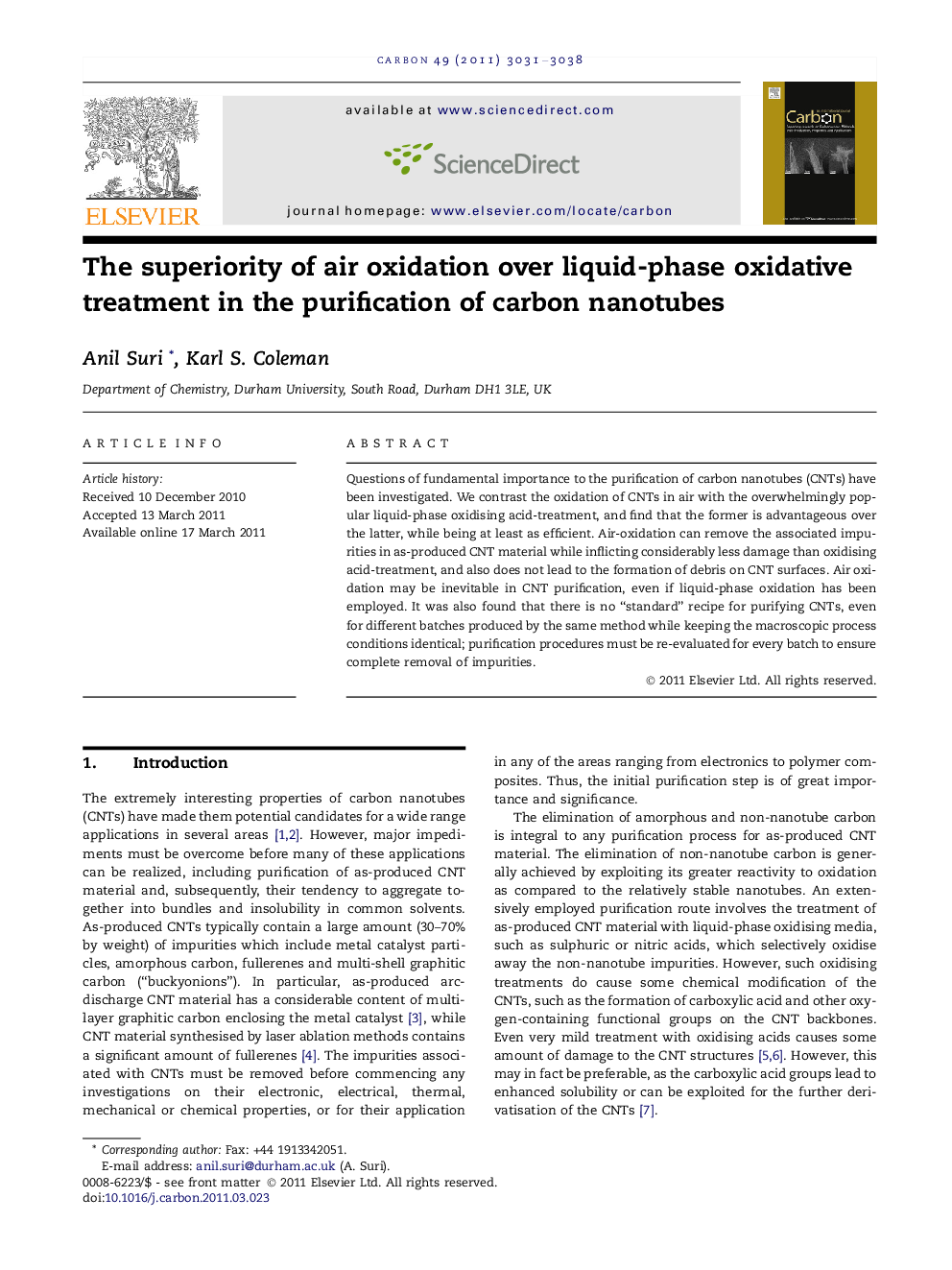 عکس صفحه اول مقاله: The superiority of air oxidation over liquid-phase oxidative treatment in the purification of carbon nanotubes The superiority of air oxidation over liquid-phase oxidative treatment in the purification of carbon nanotubes