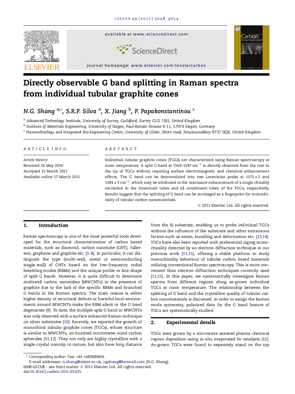 عکس صفحه اول مقاله: Directly observable G band splitting in Raman spectra from individual tubular graphite cones Directly observable G band splitting in Raman spectra from individual tubular graphite cones