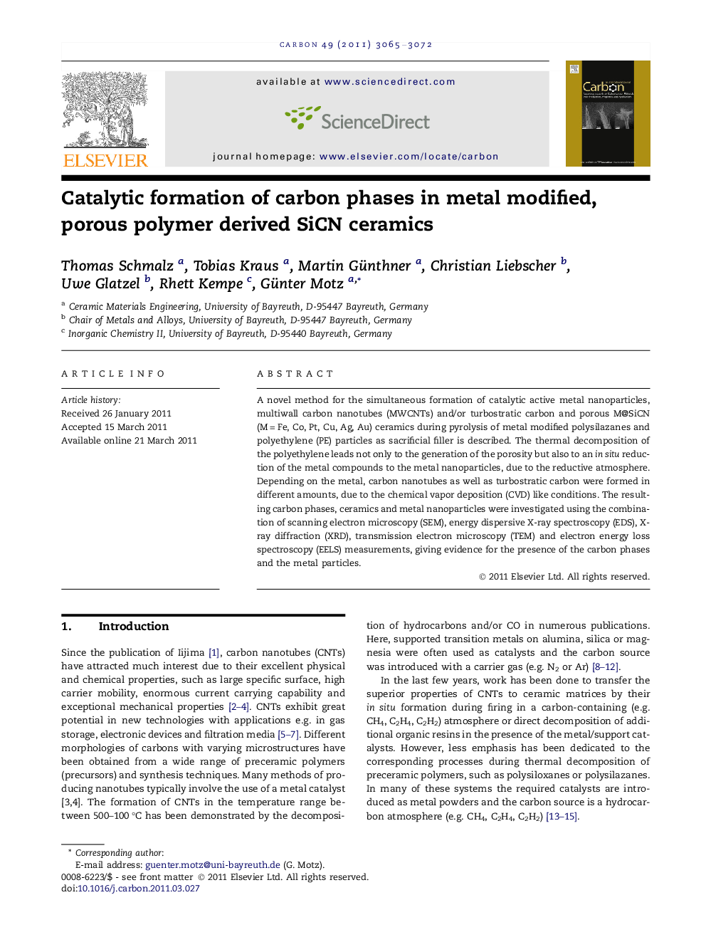 عکس صفحه اول مقاله: Catalytic formation of carbon phases in metal modified, porous polymer derived SiCN ceramics Catalytic formation of carbon phases in metal modified, porous polymer derived SiCN ceramics