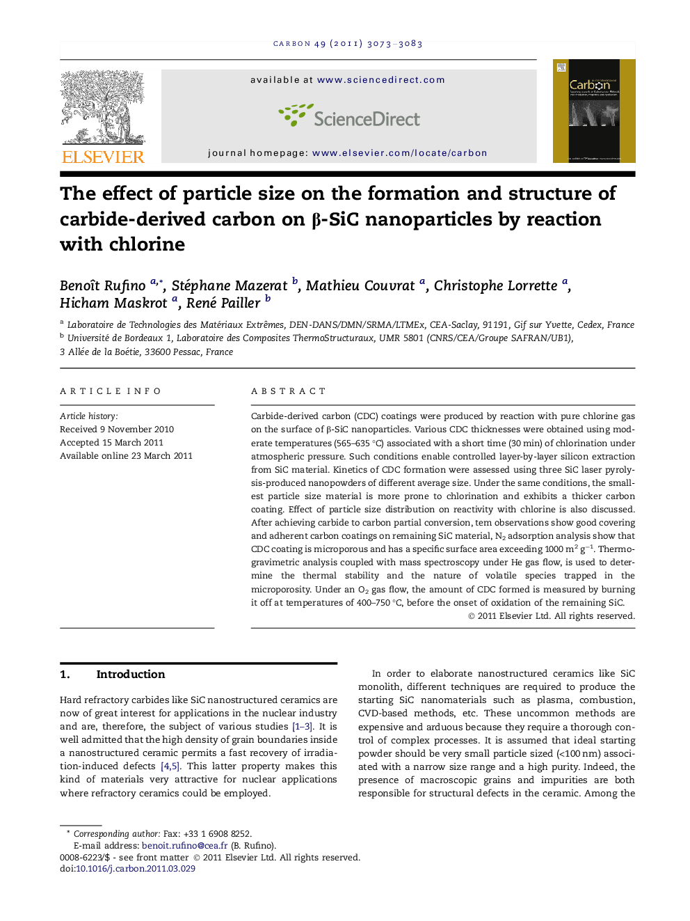 عکس صفحه اول مقاله: The effect of particle size on the formation and structure of carbide-derived carbon on β-SiC nanoparticles by reaction with chlorine The effect of particle size on the formation and structure of carbide-derived carbon on β-SiC nanoparticles by reaction with chlorine