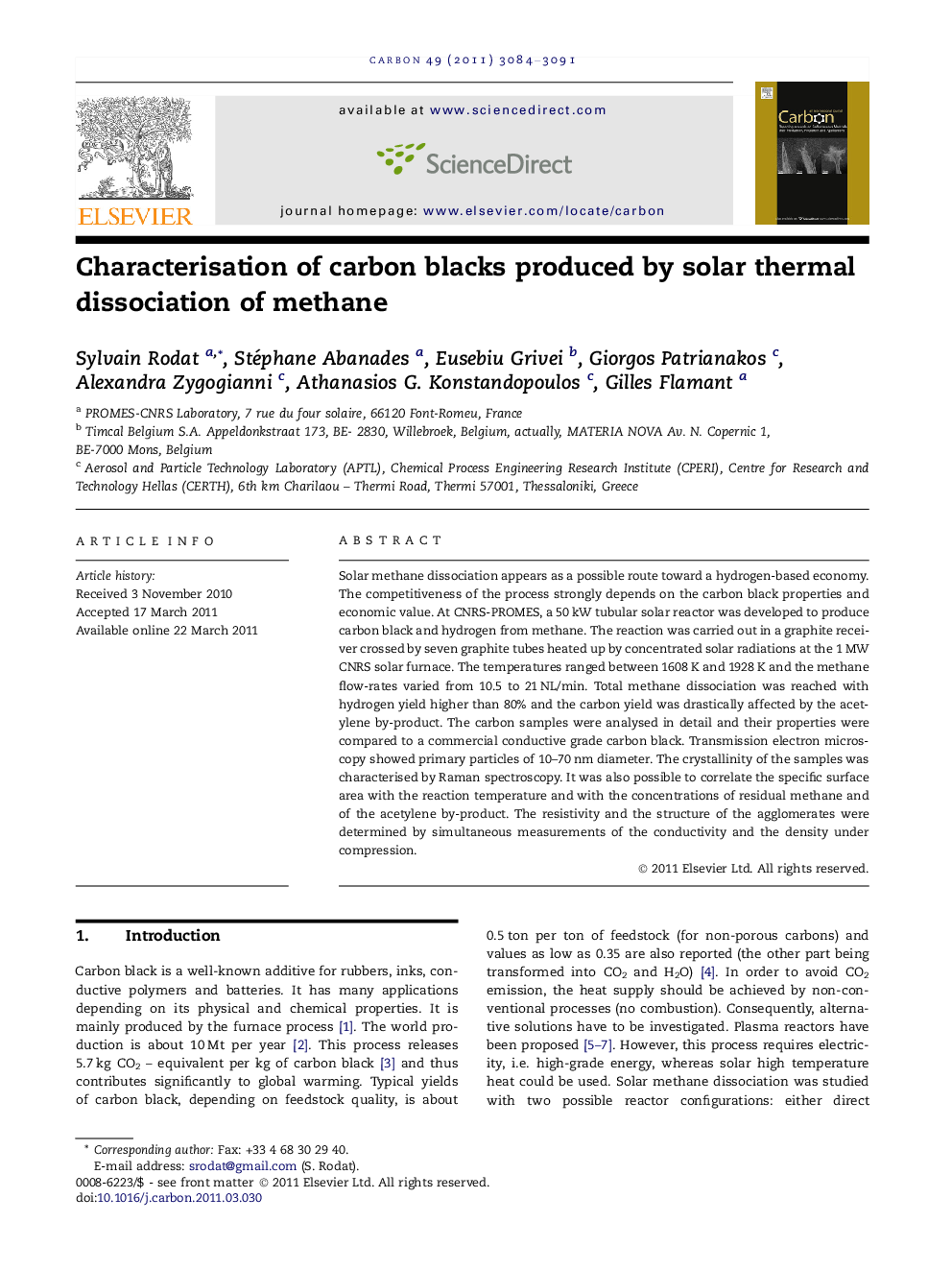 عکس صفحه اول مقاله: Characterisation of carbon blacks produced by solar thermal dissociation of methane Characterisation of carbon blacks produced by solar thermal dissociation of methane