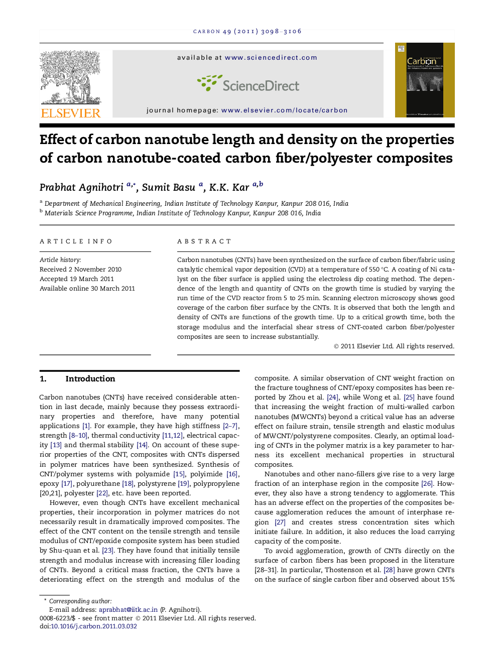 عکس صفحه اول مقاله: Effect of carbon nanotube length and density on the properties of carbon nanotube-coated carbon fiber/polyester composites Effect of carbon nanotube length and density on the properties of carbon nanotube-coated carbon fiber/polyester composites
