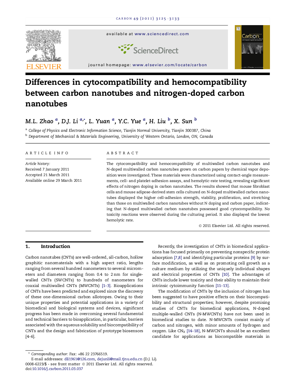 عکس صفحه اول مقاله: Differences in cytocompatibility and hemocompatibility between carbon nanotubes and nitrogen-doped carbon nanotubes Differences in cytocompatibility and hemocompatibility between carbon nanotubes and nitrogen-doped carbon nanotubes