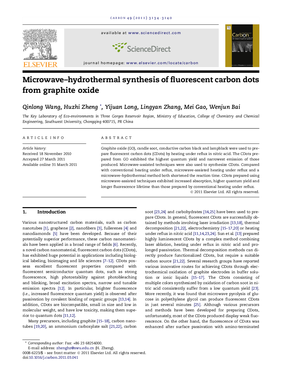 عکس صفحه اول مقاله: Microwave–hydrothermal synthesis of fluorescent carbon dots from graphite oxide Microwave–hydrothermal synthesis of fluorescent carbon dots from graphite oxide