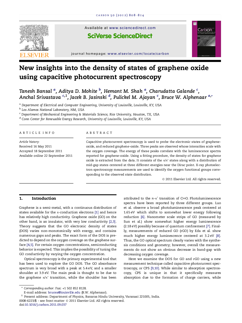 عکس صفحه اول مقاله: New insights into the density of states of graphene oxide using capacitive photocurrent spectroscopy New insights into the density of states of graphene oxide using capacitive photocurrent spectroscopy