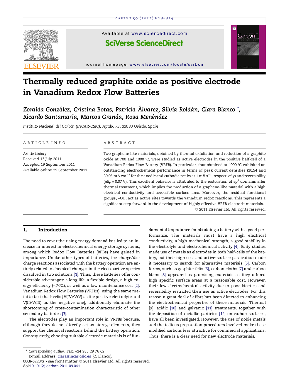 عکس صفحه اول مقاله: Thermally reduced graphite oxide as positive electrode in Vanadium Redox Flow Batteries Thermally reduced graphite oxide as positive electrode in Vanadium Redox Flow Batteries
