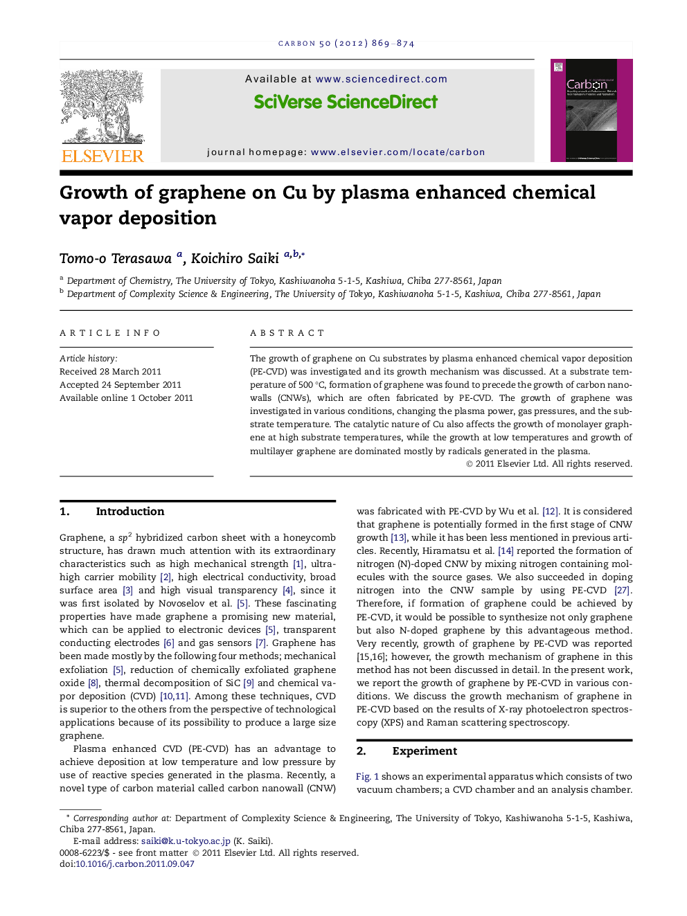 عکس صفحه اول مقاله: Growth of graphene on Cu by plasma enhanced chemical vapor deposition Growth of graphene on Cu by plasma enhanced chemical vapor deposition