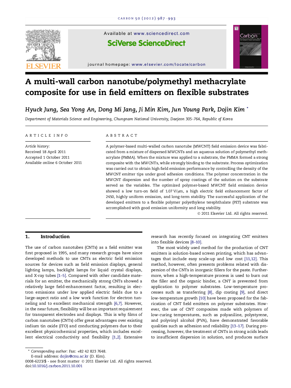 عکس صفحه اول مقاله: A multi-wall carbon nanotube/polymethyl methacrylate composite for use in field emitters on flexible substrates A multi-wall carbon nanotube/polymethyl methacrylate composite for use in field emitters on flexible substrates