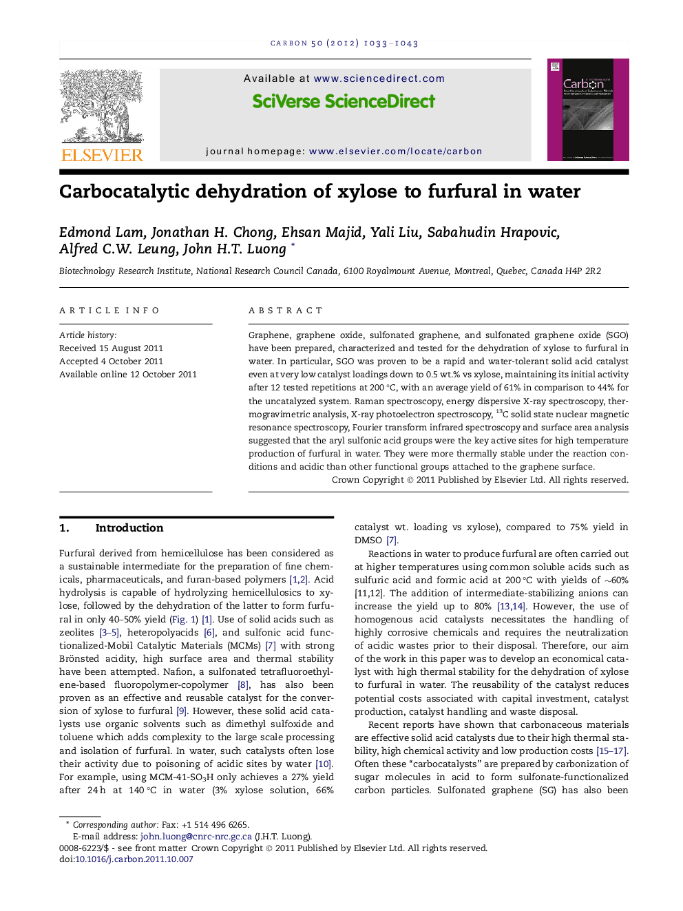 عکس صفحه اول مقاله: Carbocatalytic dehydration of xylose to furfural in water Carbocatalytic dehydration of xylose to furfural in water