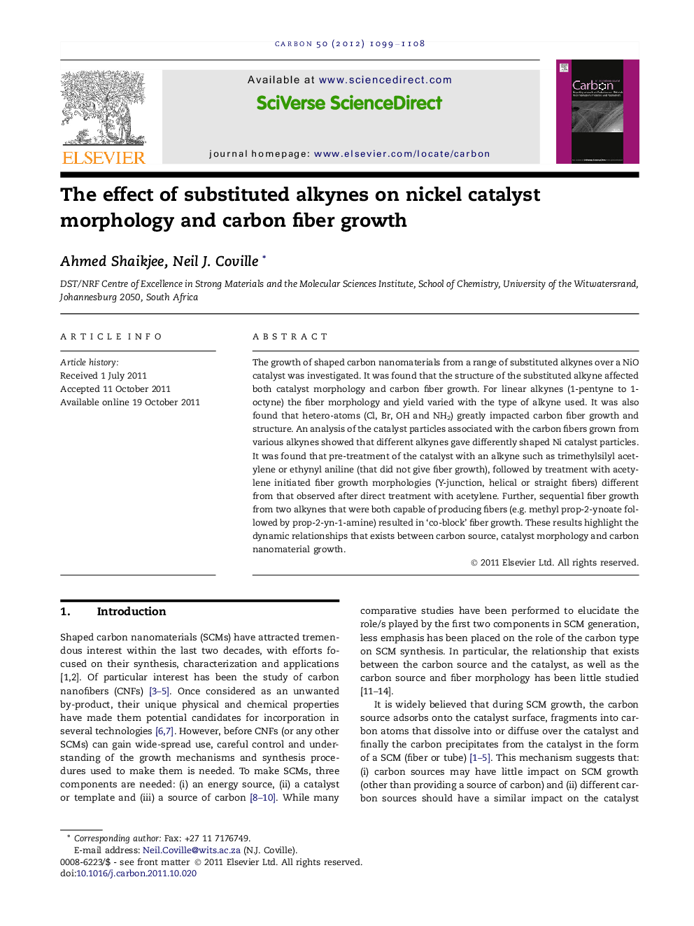 عکس صفحه اول مقاله: The effect of substituted alkynes on nickel catalyst morphology and carbon fiber growth The effect of substituted alkynes on nickel catalyst morphology and carbon fiber growth