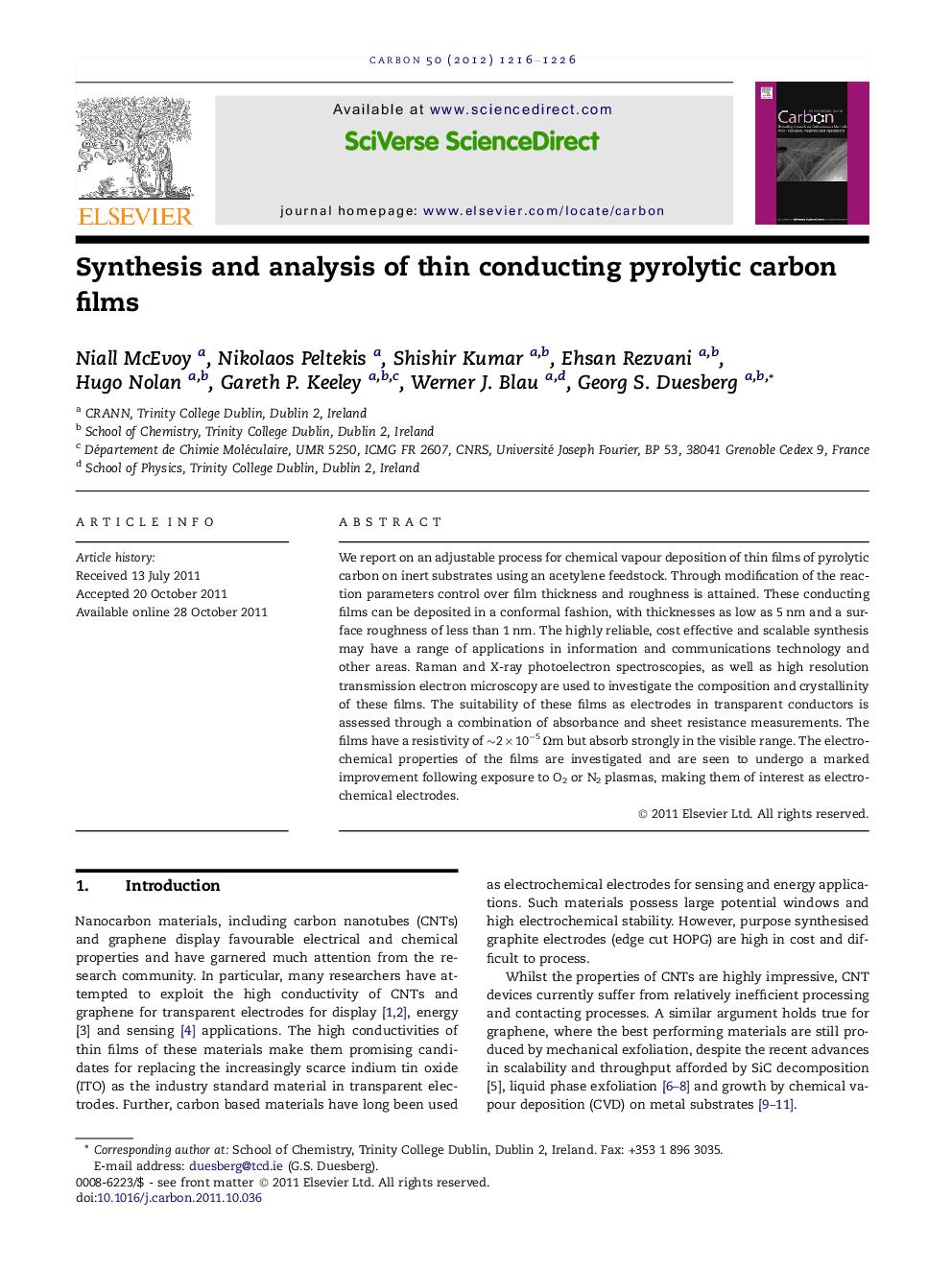 عکس صفحه اول مقاله: Synthesis and analysis of thin conducting pyrolytic carbon films Synthesis and analysis of thin conducting pyrolytic carbon films