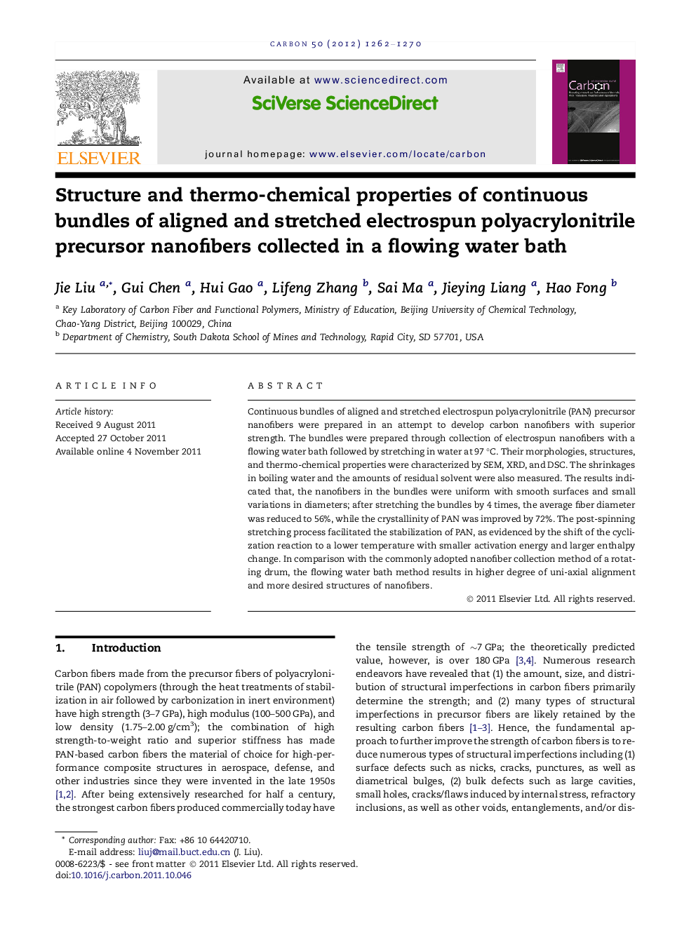 عکس صفحه اول مقاله: Structure and thermo-chemical properties of continuous bundles of aligned and stretched electrospun polyacrylonitrile precursor nanofibers collected in a flowing water bath Structure and thermo-chemical properties of continuous bundles of aligned and stretched electrospun polyacrylonitrile precursor nanofibers collected in a flowing water bath