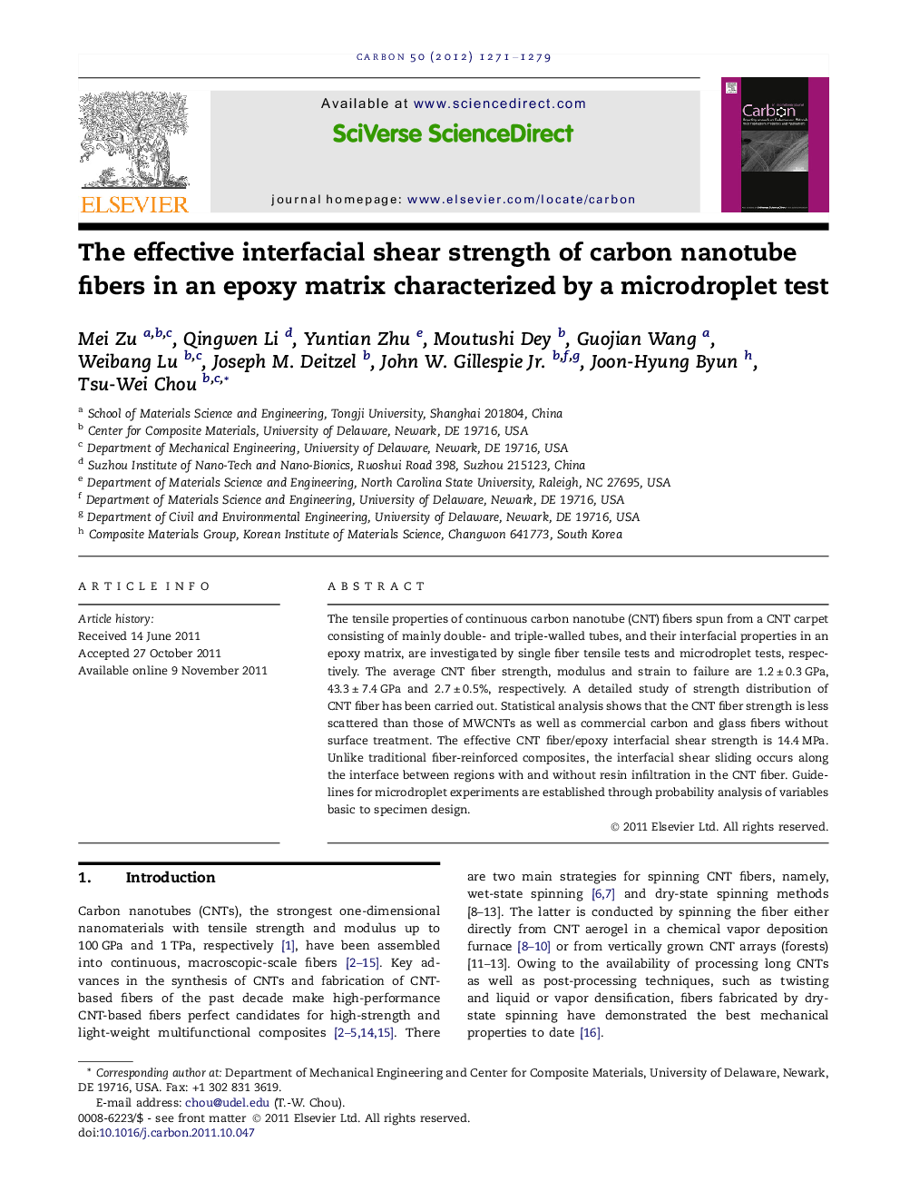 عکس صفحه اول مقاله: The effective interfacial shear strength of carbon nanotube fibers in an epoxy matrix characterized by a microdroplet test The effective interfacial shear strength of carbon nanotube fibers in an epoxy matrix characterized by a microdroplet test