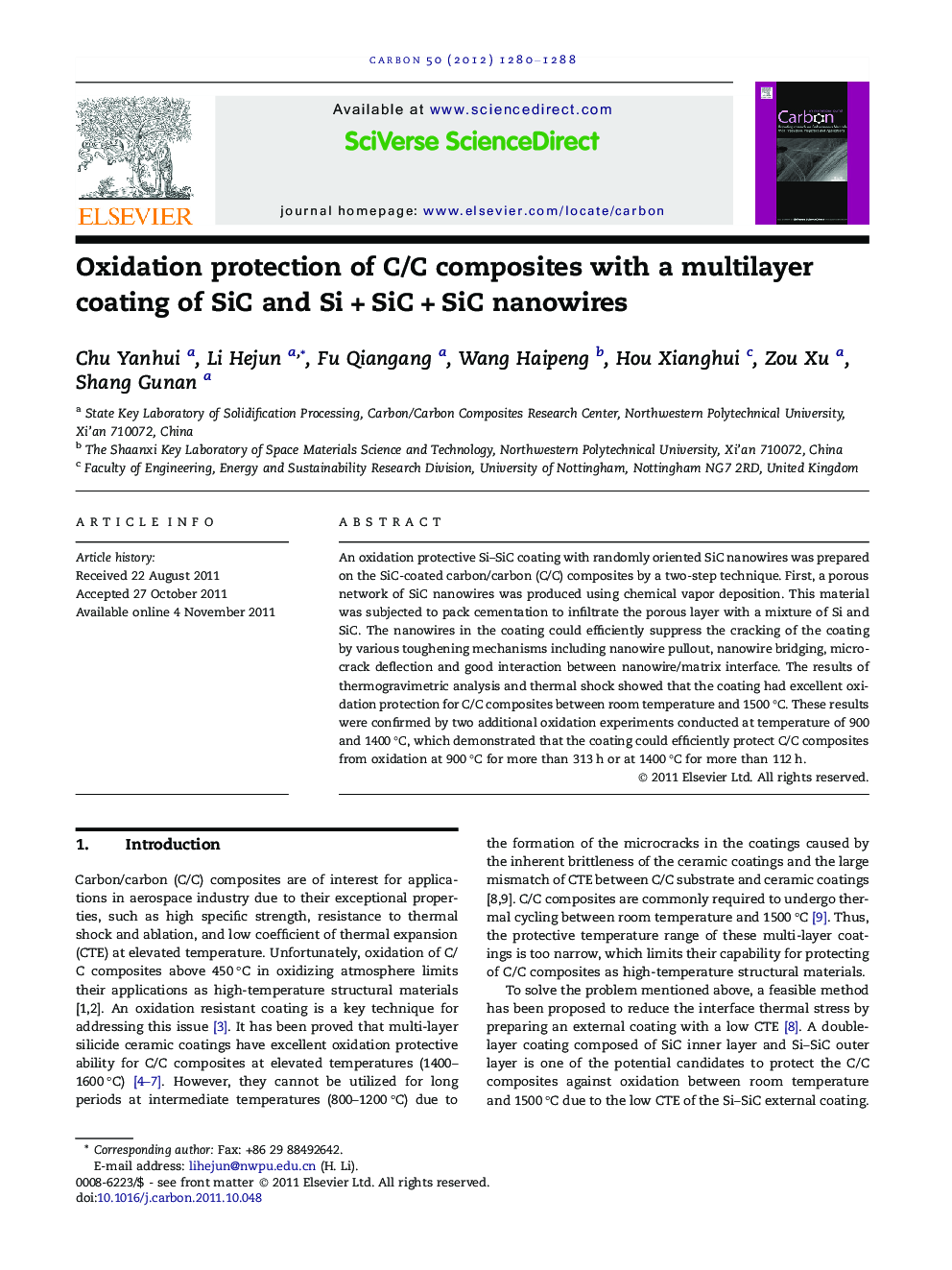 عکس صفحه اول مقاله: Oxidation protection of C/C composites with a multilayer coating of SiC and Si + SiC + SiC nanowires Oxidation protection of C/C composites with a multilayer coating of SiC and Si + SiC + SiC nanowires
