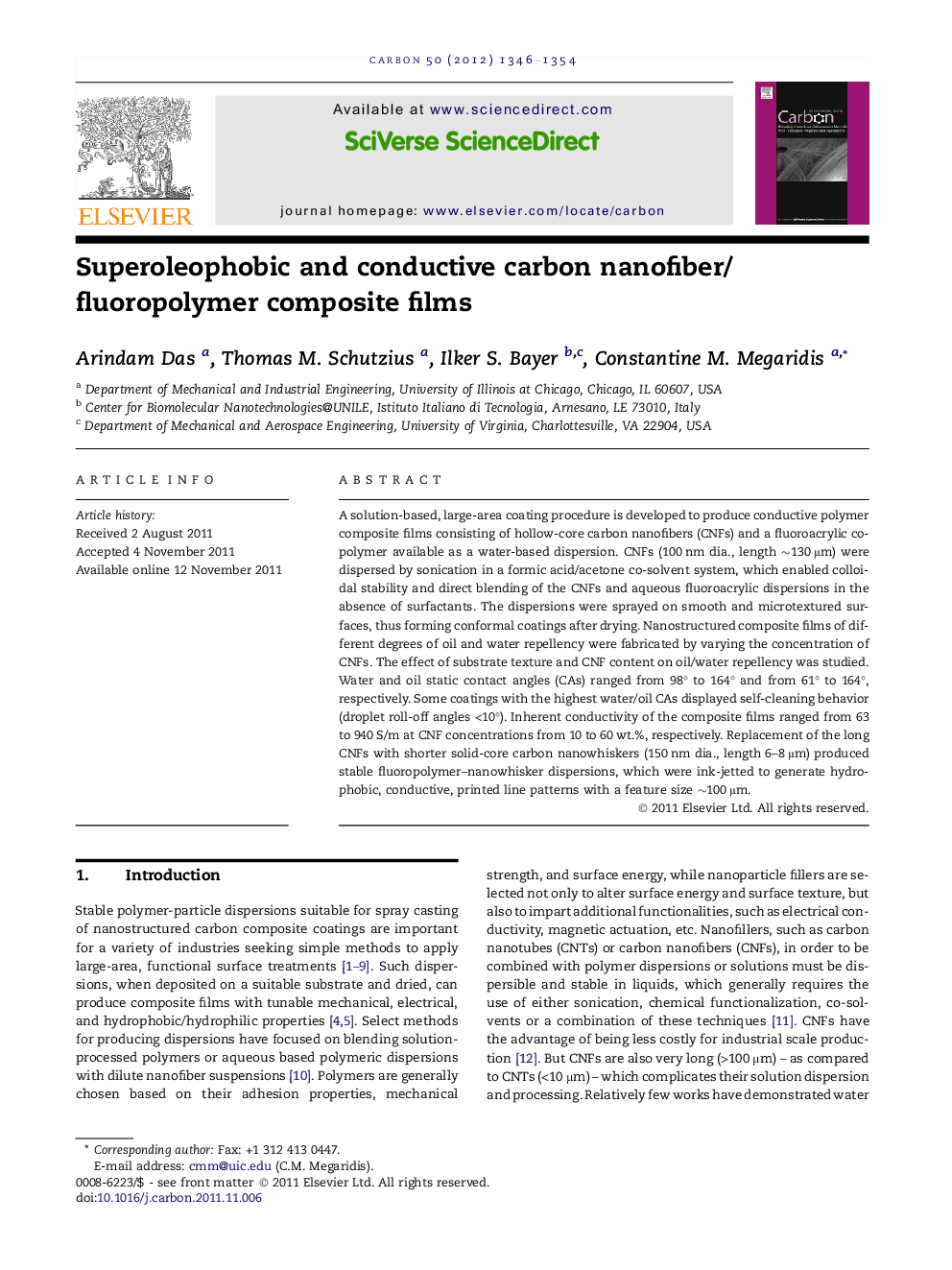 عکس صفحه اول مقاله: Superoleophobic and conductive carbon nanofiber/fluoropolymer composite films Superoleophobic and conductive carbon nanofiber/fluoropolymer composite films