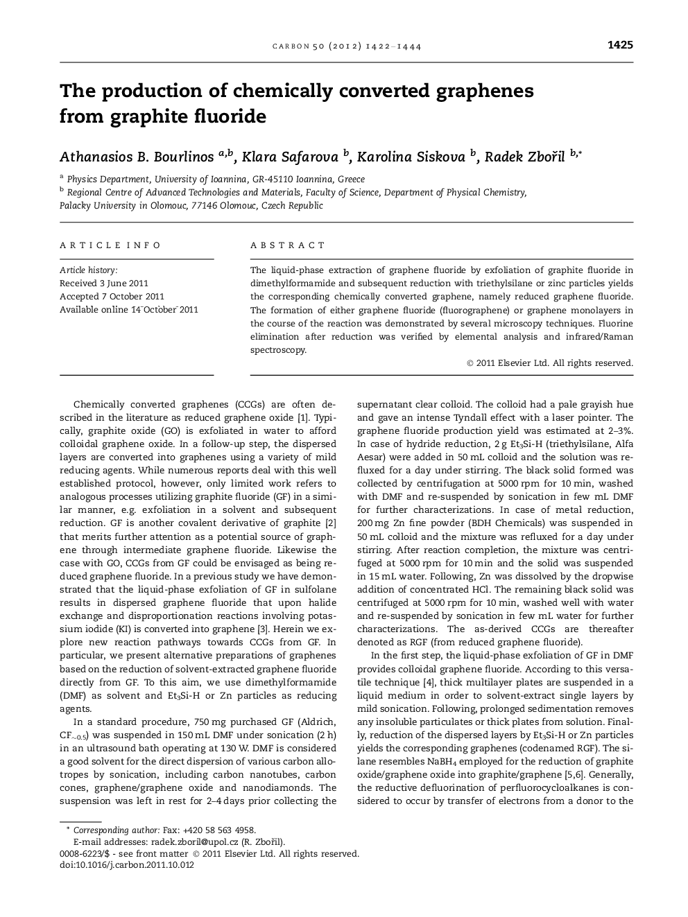 عکس صفحه اول مقاله: The production of chemically converted graphenes from graphite fluoride The production of chemically converted graphenes from graphite fluoride