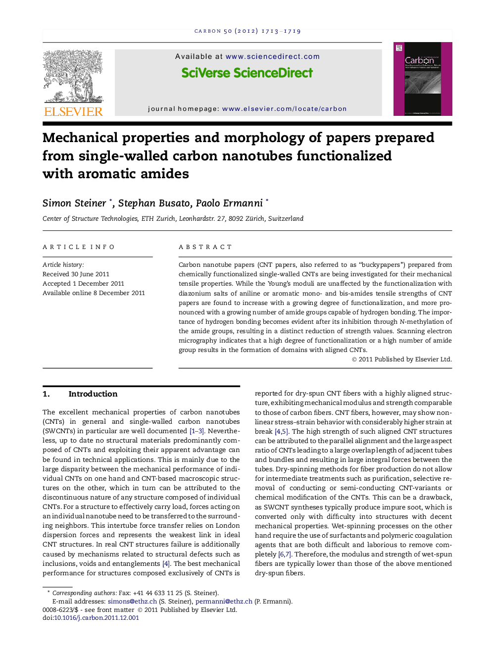 عکس صفحه اول مقاله: Mechanical properties and morphology of papers prepared from single-walled carbon nanotubes functionalized with aromatic amides Mechanical properties and morphology of papers prepared from single-walled carbon nanotubes functionalized with aromatic amides