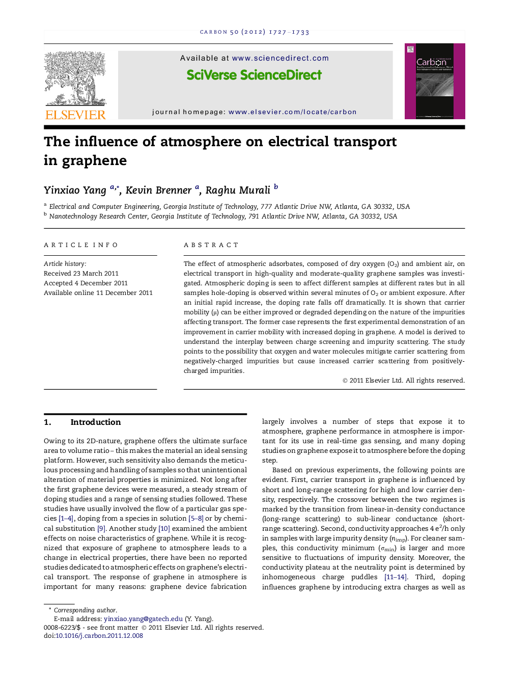 عکس صفحه اول مقاله: The influence of atmosphere on electrical transport in graphene The influence of atmosphere on electrical transport in graphene
