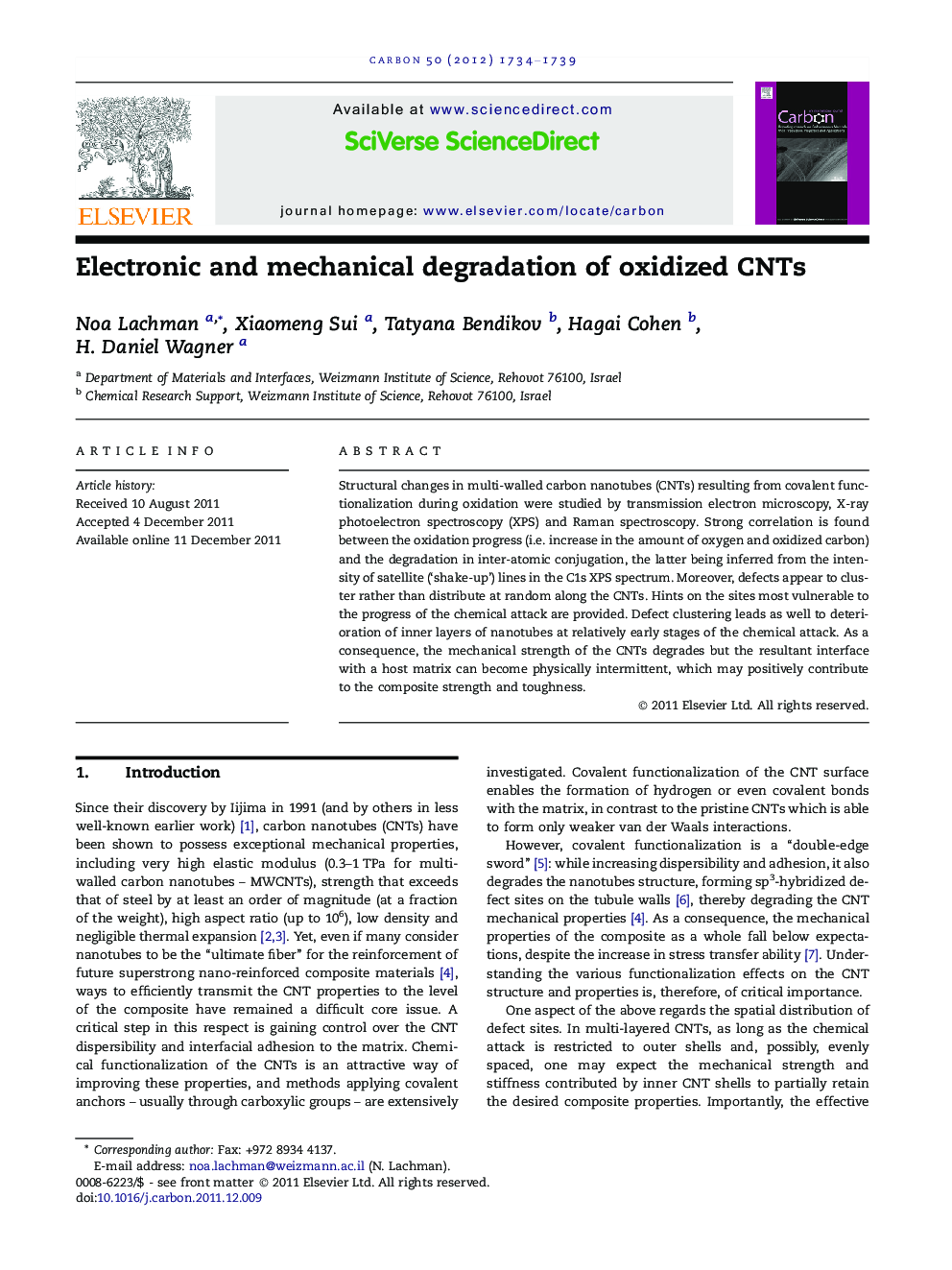 عکس صفحه اول مقاله: Electronic and mechanical degradation of oxidized CNTs Electronic and mechanical degradation of oxidized CNTs