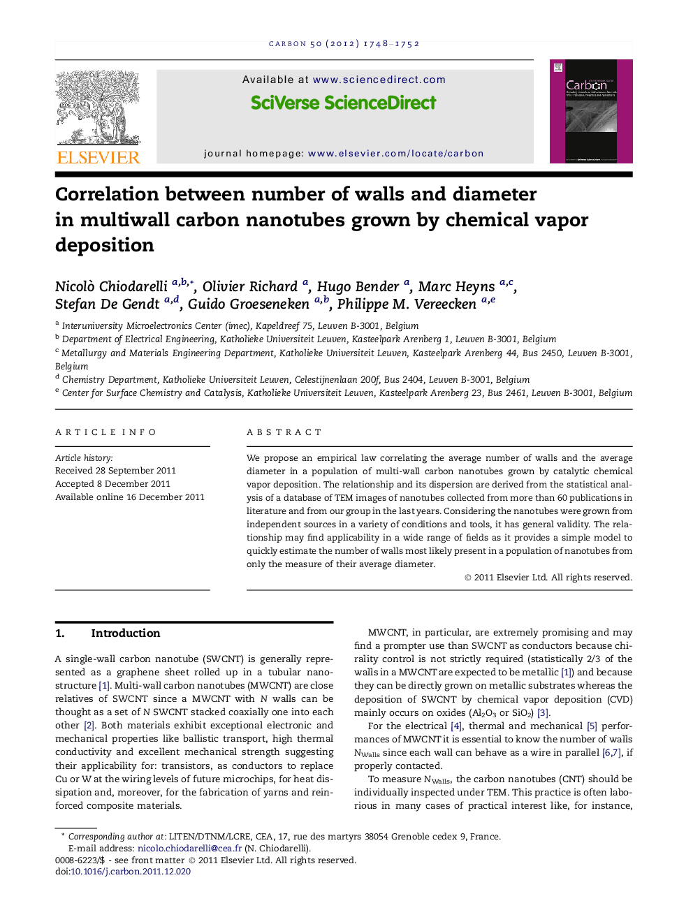 عکس صفحه اول مقاله: Correlation between number of walls and diameter in multiwall carbon nanotubes grown by chemical vapor deposition Correlation between number of walls and diameter in multiwall carbon nanotubes grown by chemical vapor deposition