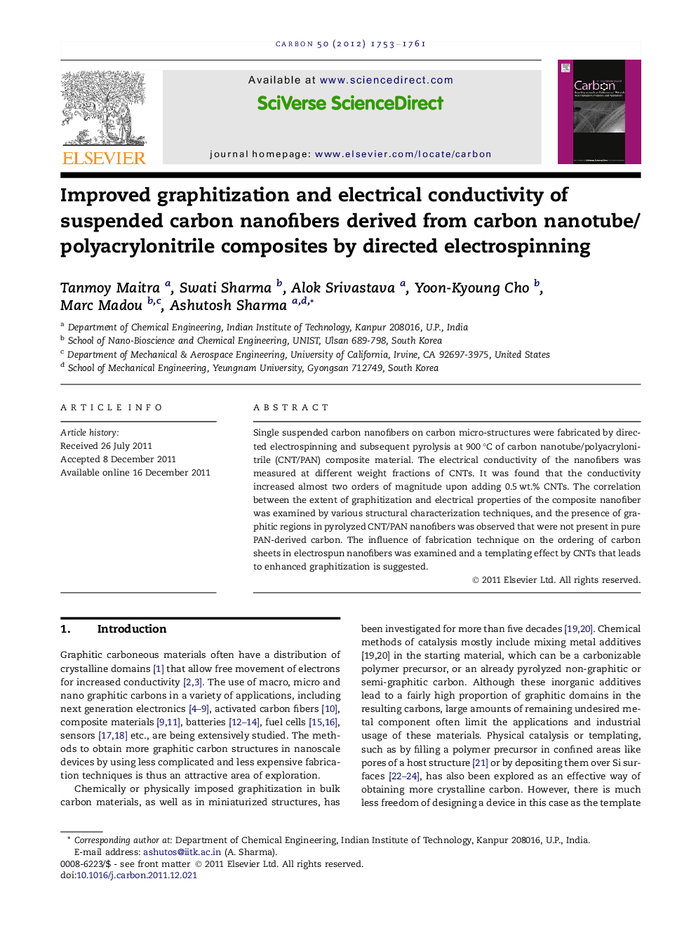 عکس صفحه اول مقاله: Improved graphitization and electrical conductivity of suspended carbon nanofibers derived from carbon nanotube/polyacrylonitrile composites by directed electrospinning Improved graphitization and electrical conductivity of suspended carbon nanofibers derived from carbon nanotube/polyacrylonitrile composites by directed electrospinning