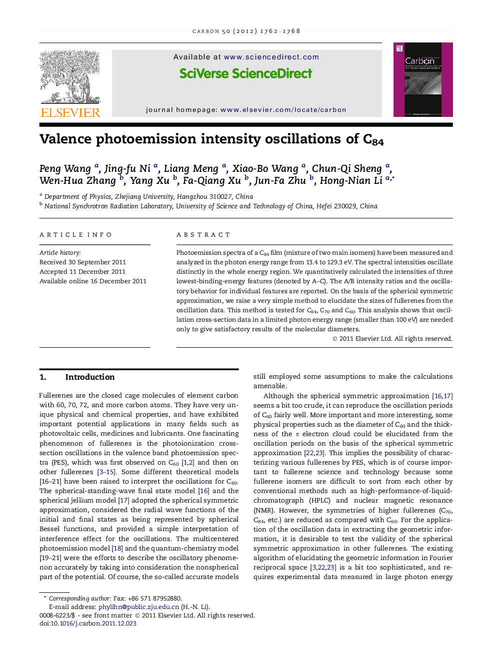 عکس صفحه اول مقاله: Valence photoemission intensity oscillations of C84 Valence photoemission intensity oscillations of C84