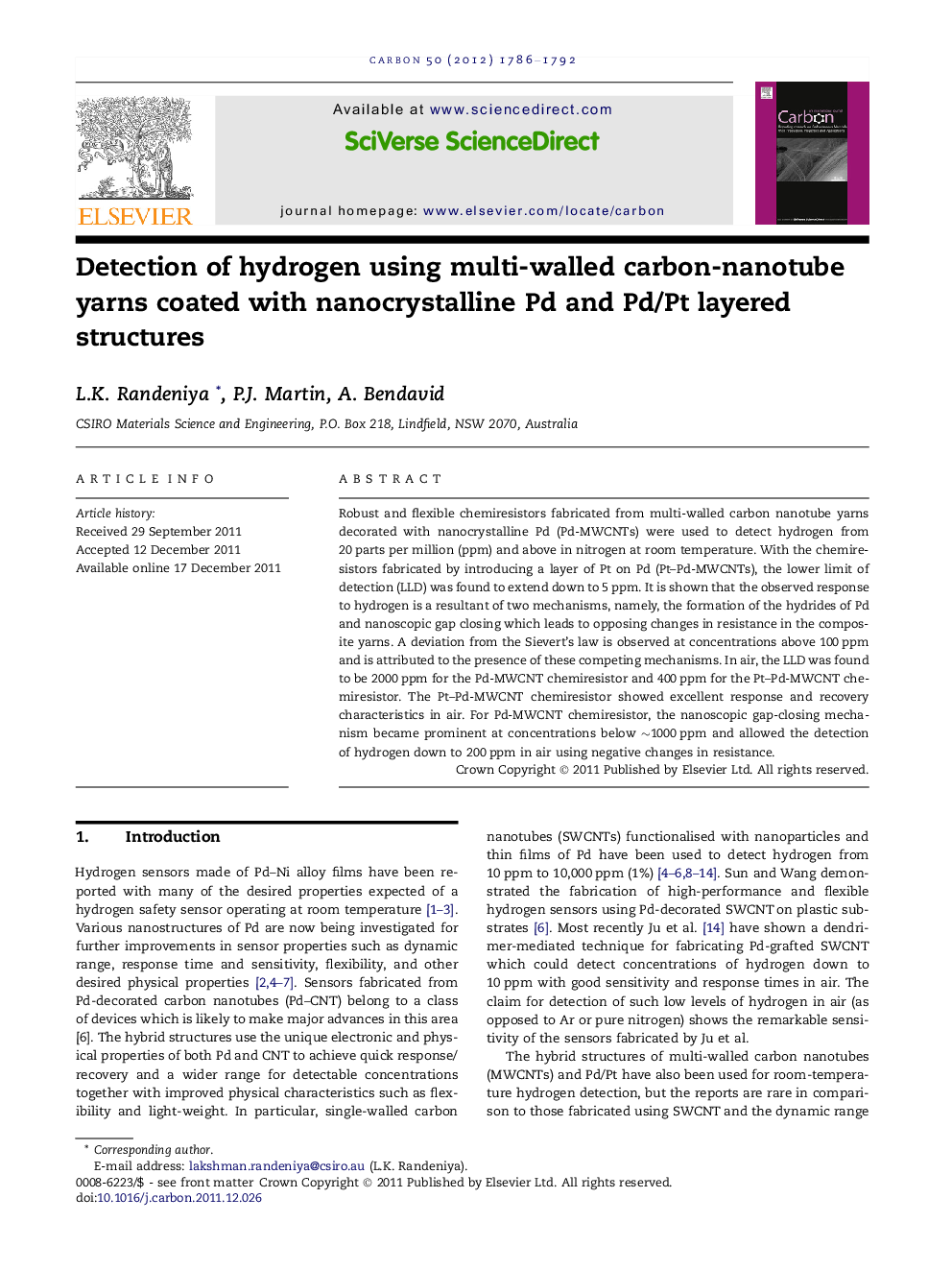 عکس صفحه اول مقاله: Detection of hydrogen using multi-walled carbon-nanotube yarns coated with nanocrystalline Pd and Pd/Pt layered structures Detection of hydrogen using multi-walled carbon-nanotube yarns coated with nanocrystalline Pd and Pd/Pt layered structures