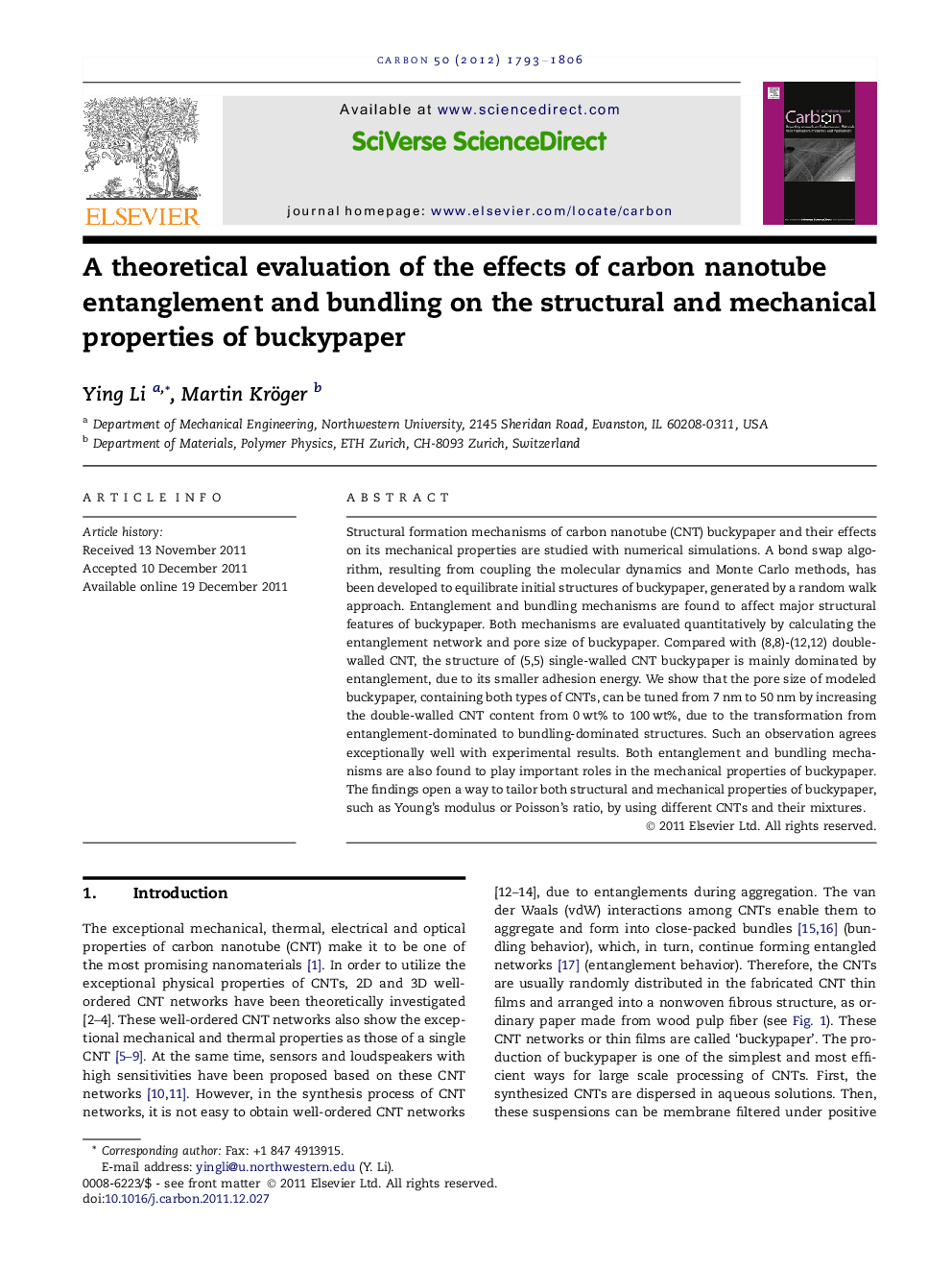عکس صفحه اول مقاله: A theoretical evaluation of the effects of carbon nanotube entanglement and bundling on the structural and mechanical properties of buckypaper A theoretical evaluation of the effects of carbon nanotube entanglement and bundling on the structural and mechanical properties of buckypaper