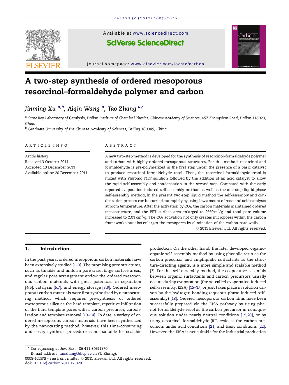 عکس صفحه اول مقاله: A two-step synthesis of ordered mesoporous resorcinol–formaldehyde polymer and carbon A two-step synthesis of ordered mesoporous resorcinol–formaldehyde polymer and carbon