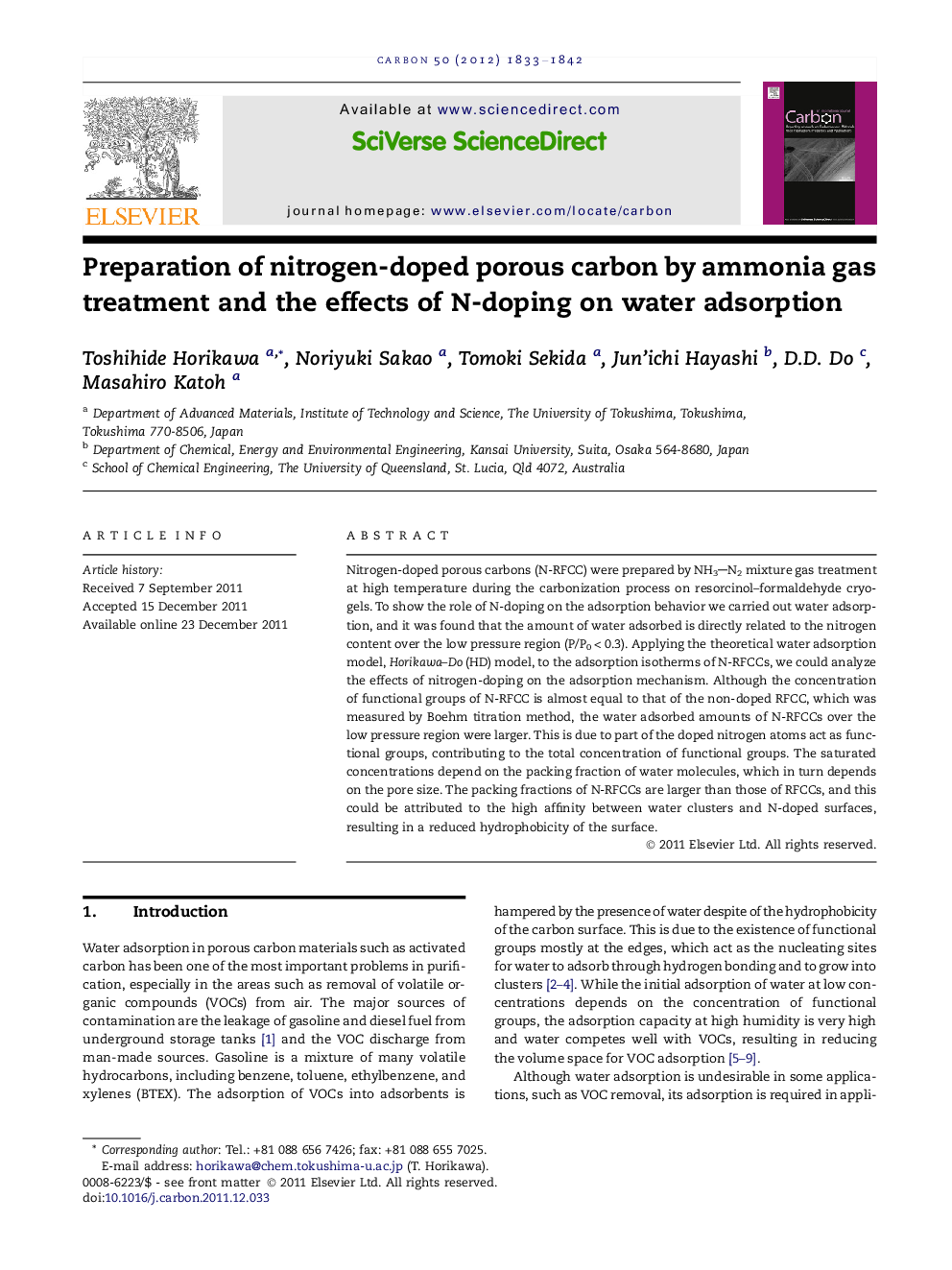 عکس صفحه اول مقاله: Preparation of nitrogen-doped porous carbon by ammonia gas treatment and the effects of N-doping on water adsorption Preparation of nitrogen-doped porous carbon by ammonia gas treatment and the effects of N-doping on water adsorption