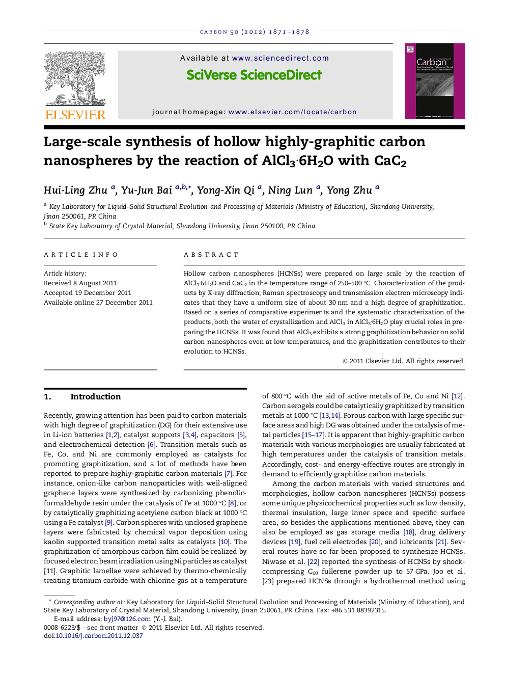 عکس صفحه اول مقاله: Large-scale synthesis of hollow highly-graphitic carbon nanospheres by the reaction of AlCl3·6H2O with CaC2 Large-scale synthesis of hollow highly-graphitic carbon nanospheres by the reaction of AlCl3·6H2O with CaC2