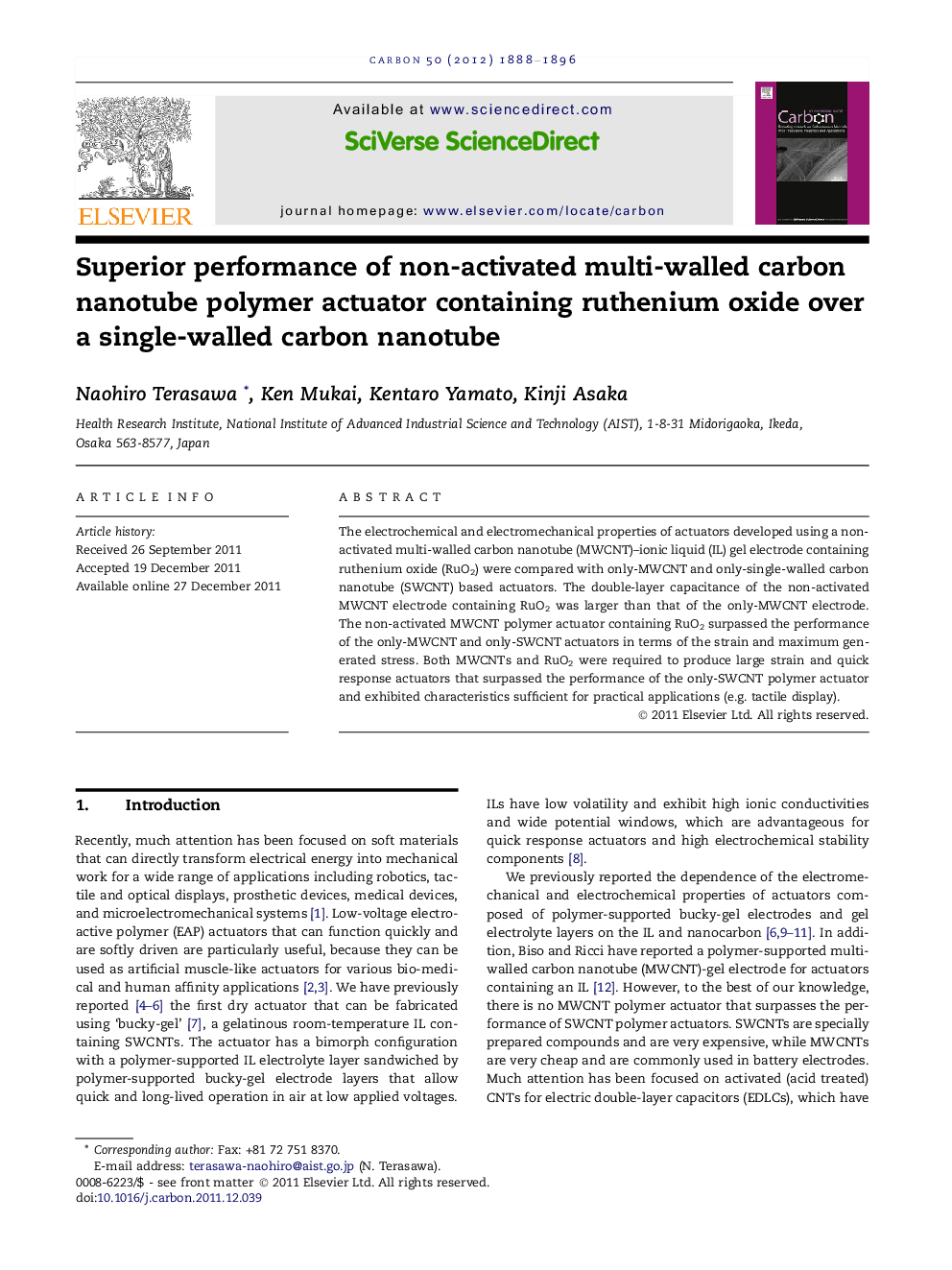 عکس صفحه اول مقاله: Superior performance of non-activated multi-walled carbon nanotube polymer actuator containing ruthenium oxide over a single-walled carbon nanotube Superior performance of non-activated multi-walled carbon nanotube polymer actuator containing ruthenium oxide over a single-walled carbon nanotube