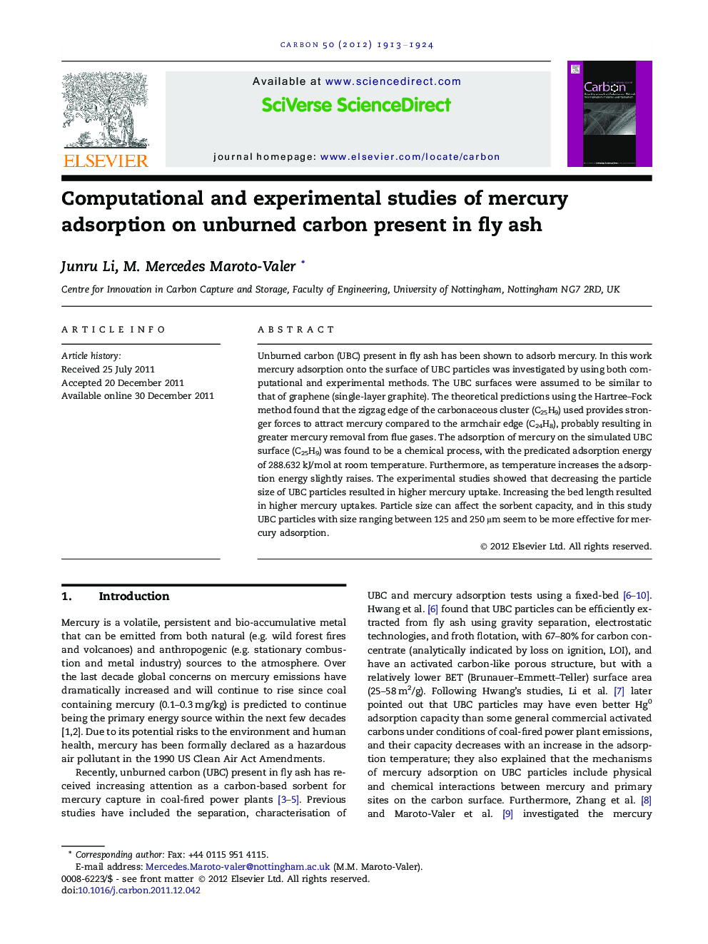 عکس صفحه اول مقاله: Computational and experimental studies of mercury adsorption on unburned carbon present in fly ash Computational and experimental studies of mercury adsorption on unburned carbon present in fly ash