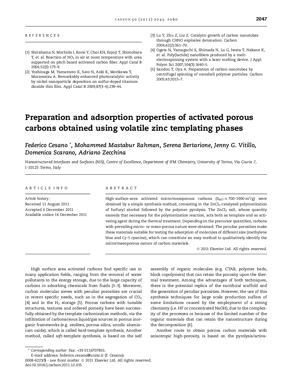 عکس صفحه اول مقاله: Preparation and adsorption properties of activated porous carbons obtained using volatile zinc templating phases Preparation and adsorption properties of activated porous carbons obtained using volatile zinc templating phases