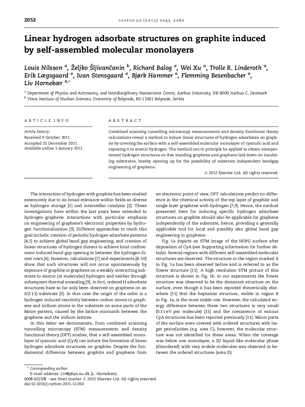 عکس صفحه اول مقاله: Linear hydrogen adsorbate structures on graphite induced by self-assembled molecular monolayers Linear hydrogen adsorbate structures on graphite induced by self-assembled molecular monolayers