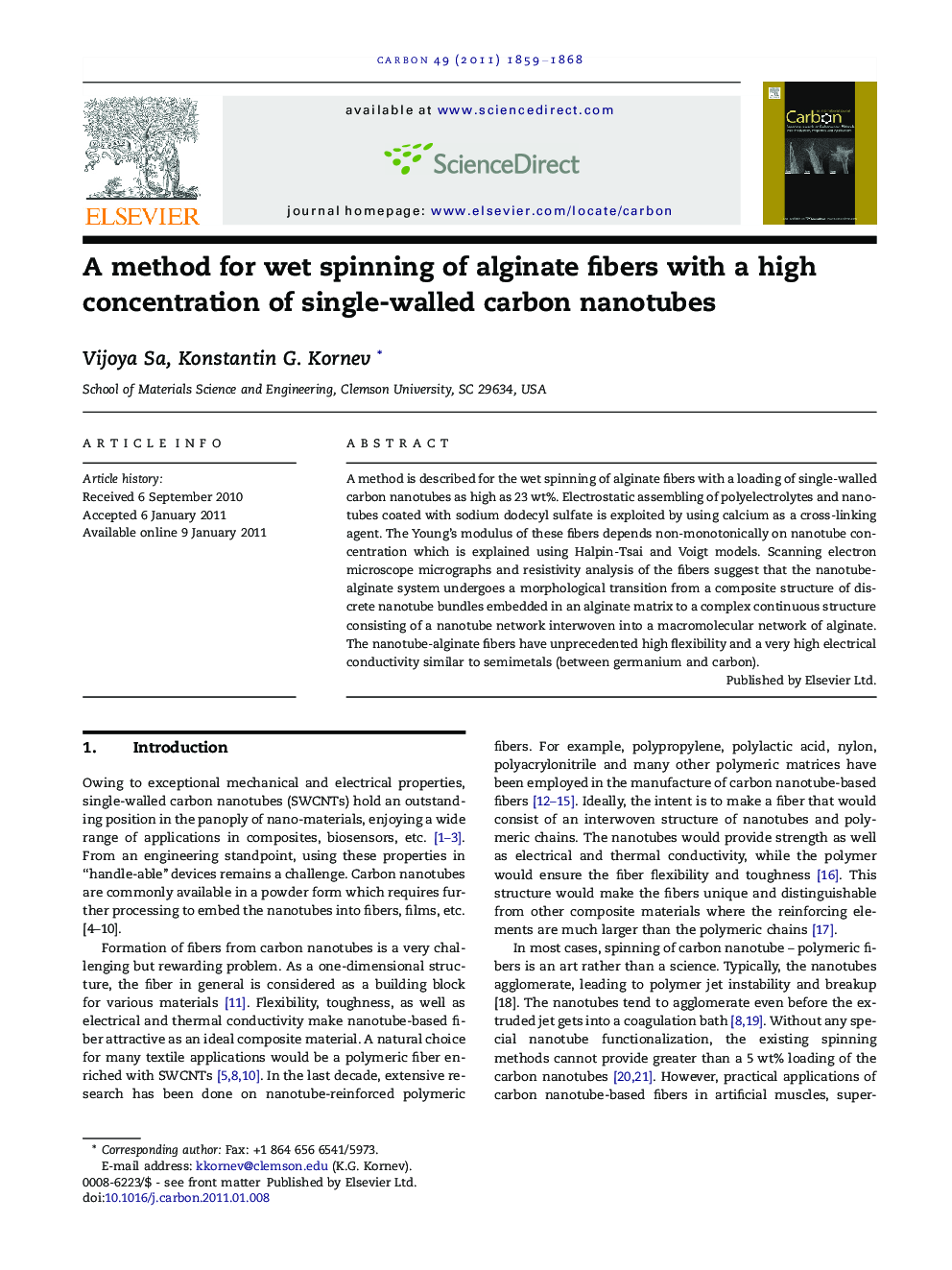 A method for wet spinning of alginate fibers with a high concentration of single-walled carbon nanotubes