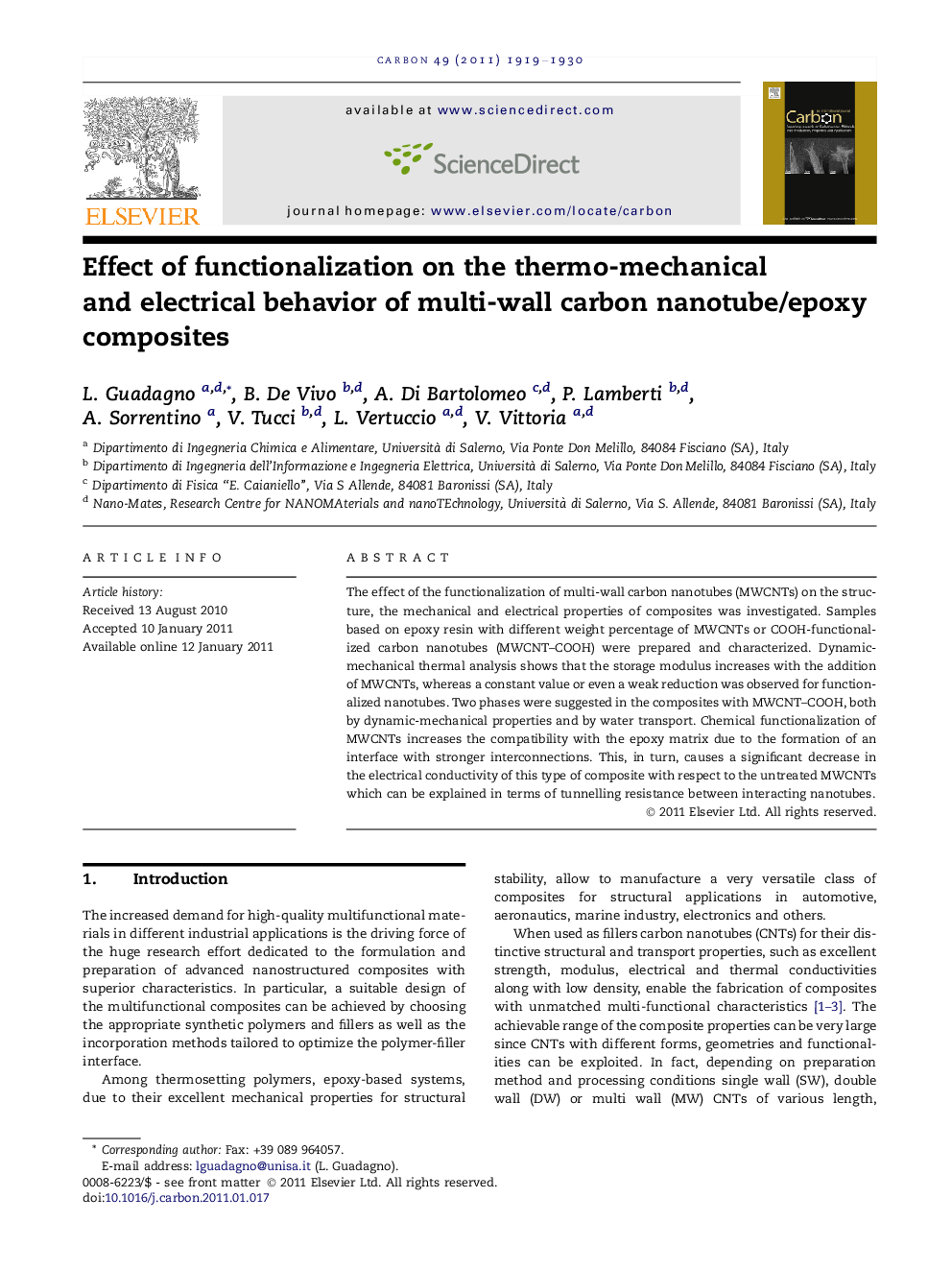 Effect of functionalization on the thermo-mechanical and electrical behavior of multi-wall carbon nanotube/epoxy composites