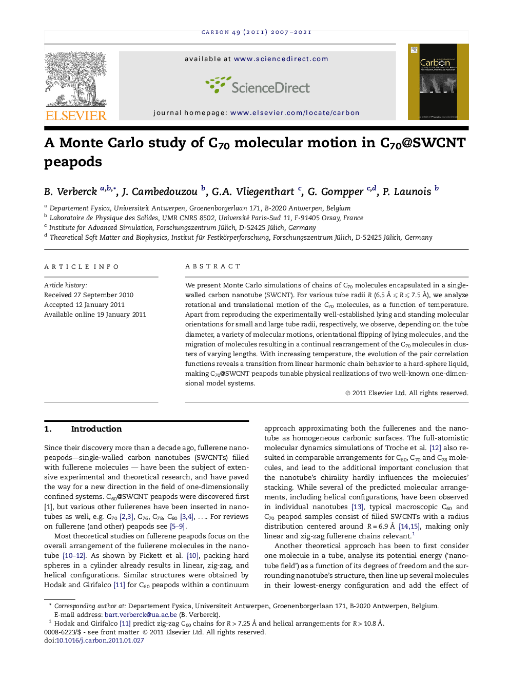 عکس صفحه اول مقاله: A Monte Carlo study of C70 molecular motion in C70@SWCNT peapods A Monte Carlo study of C70 molecular motion in C70@SWCNT peapods