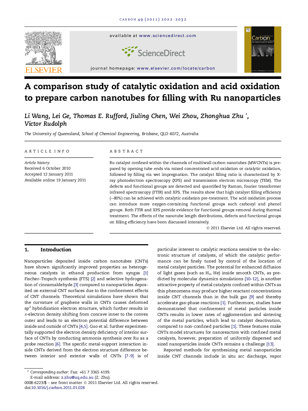 A comparison study of catalytic oxidation and acid oxidation to prepare carbon nanotubes for filling with Ru nanoparticles