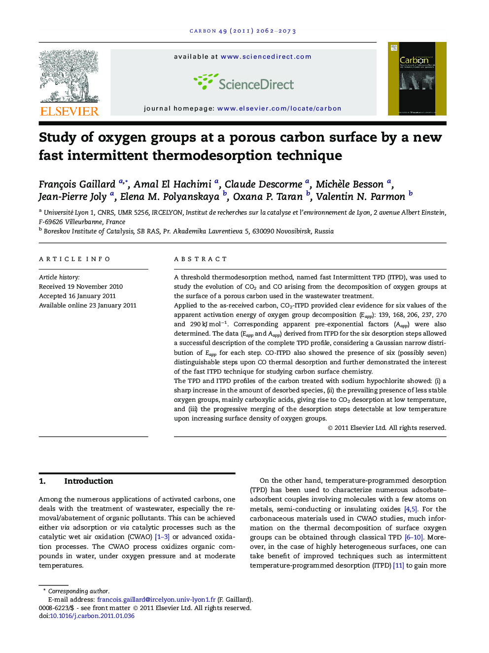 Study of oxygen groups at a porous carbon surface by a new fast intermittent thermodesorption technique