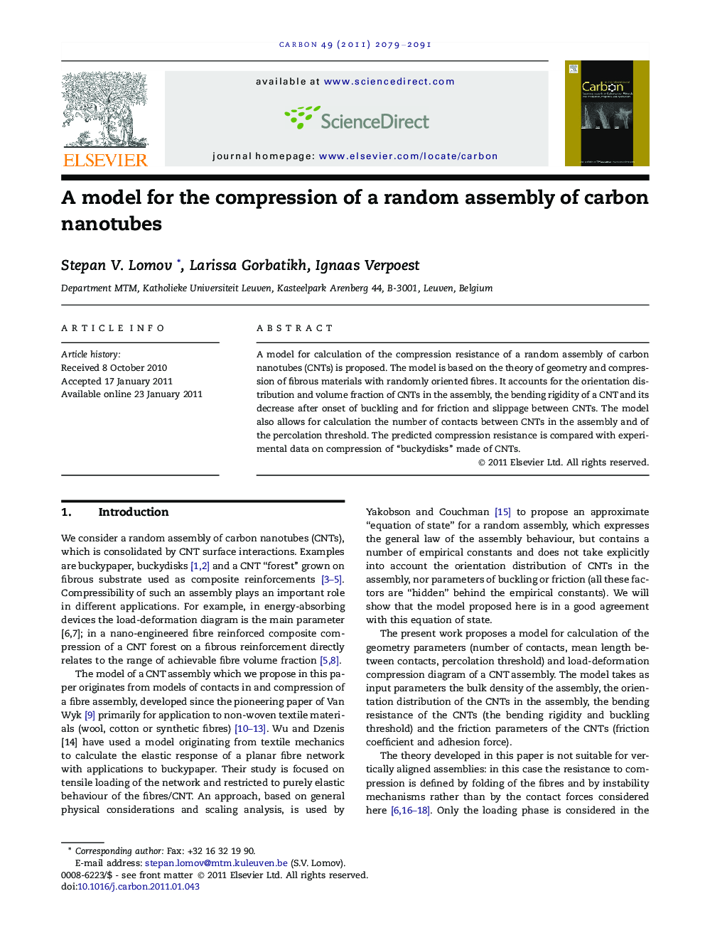 A model for the compression of a random assembly of carbon nanotubes