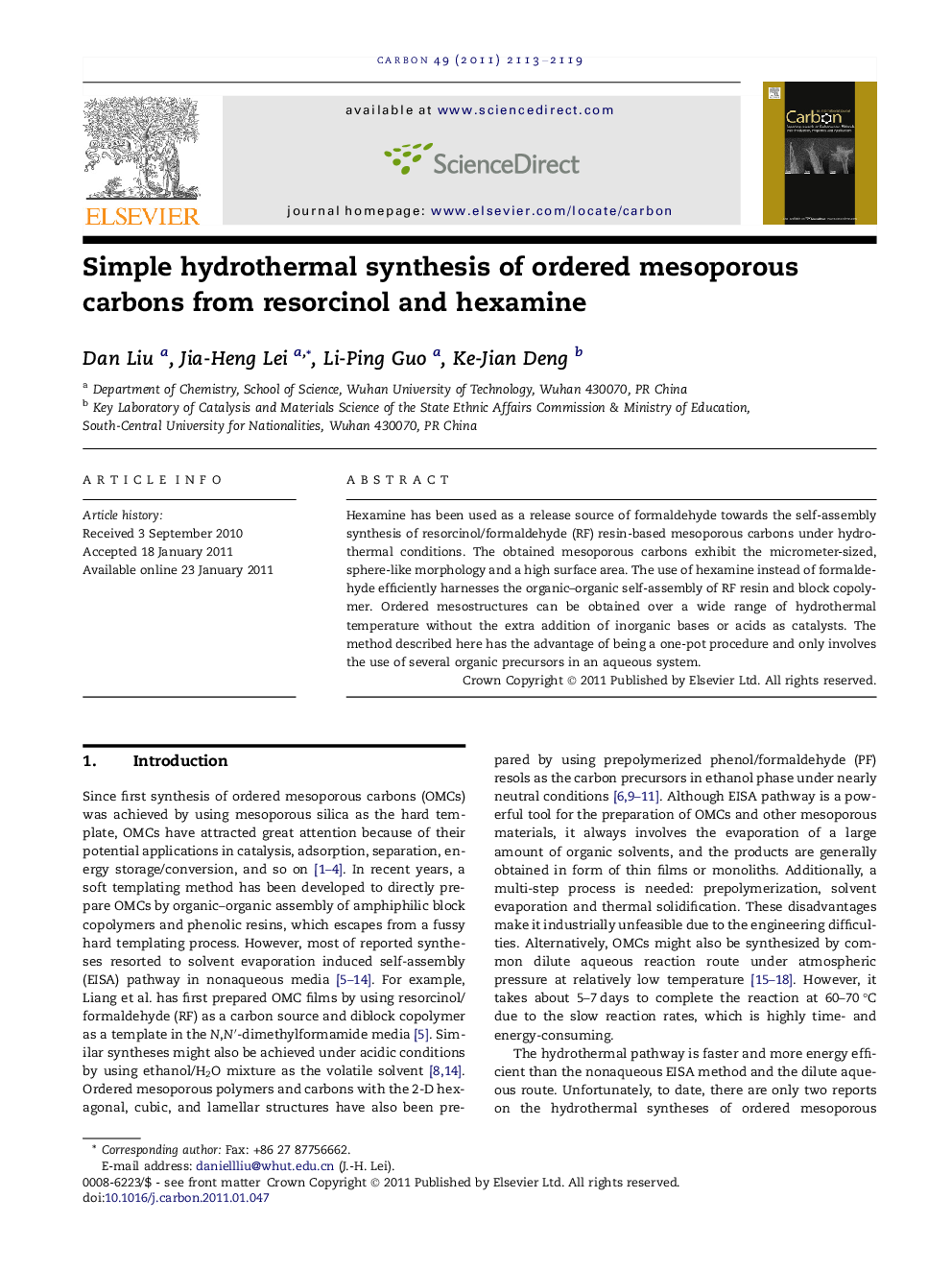 Simple hydrothermal synthesis of ordered mesoporous carbons from resorcinol and hexamine