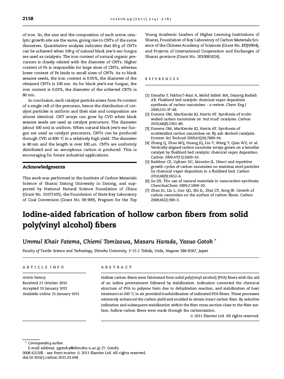 Iodine-aided fabrication of hollow carbon fibers from solid poly(vinyl alcohol) fibers