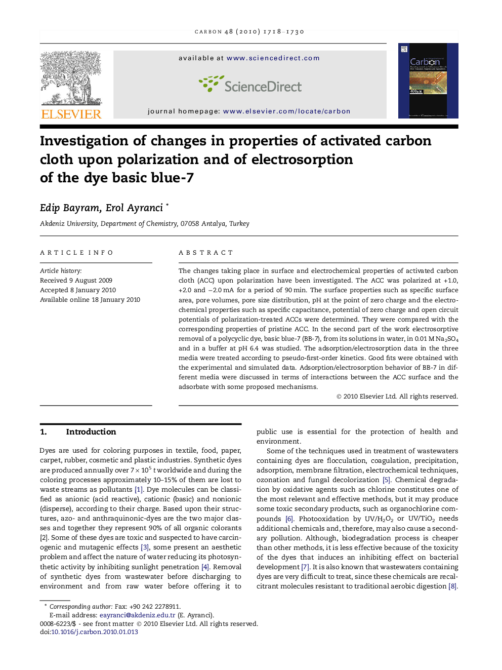 Investigation of changes in properties of activated carbon cloth upon polarization and of electrosorption of the dye basic blue-7