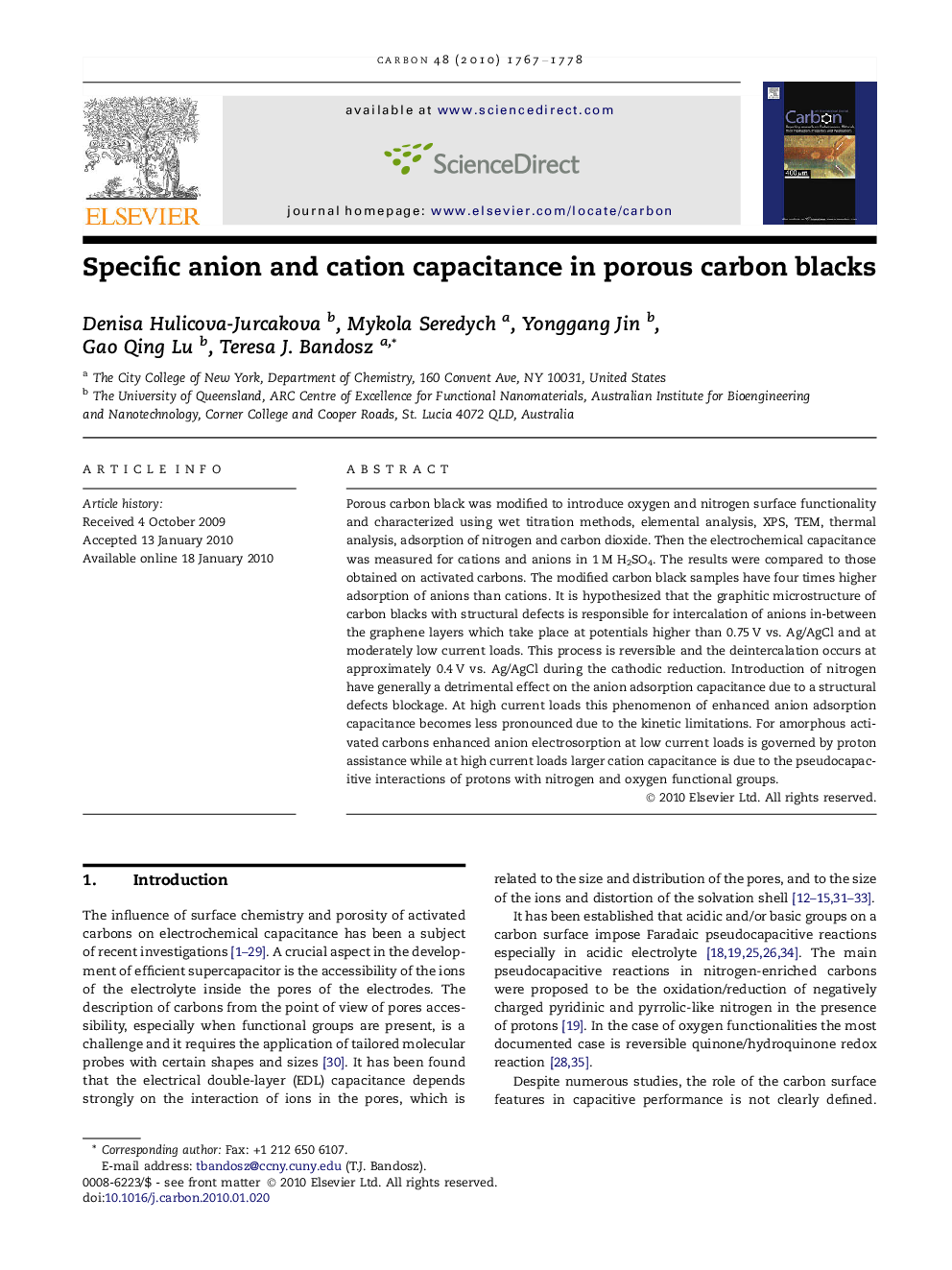 عکس صفحه اول مقاله: Specific anion and cation capacitance in porous carbon blacks Specific anion and cation capacitance in porous carbon blacks